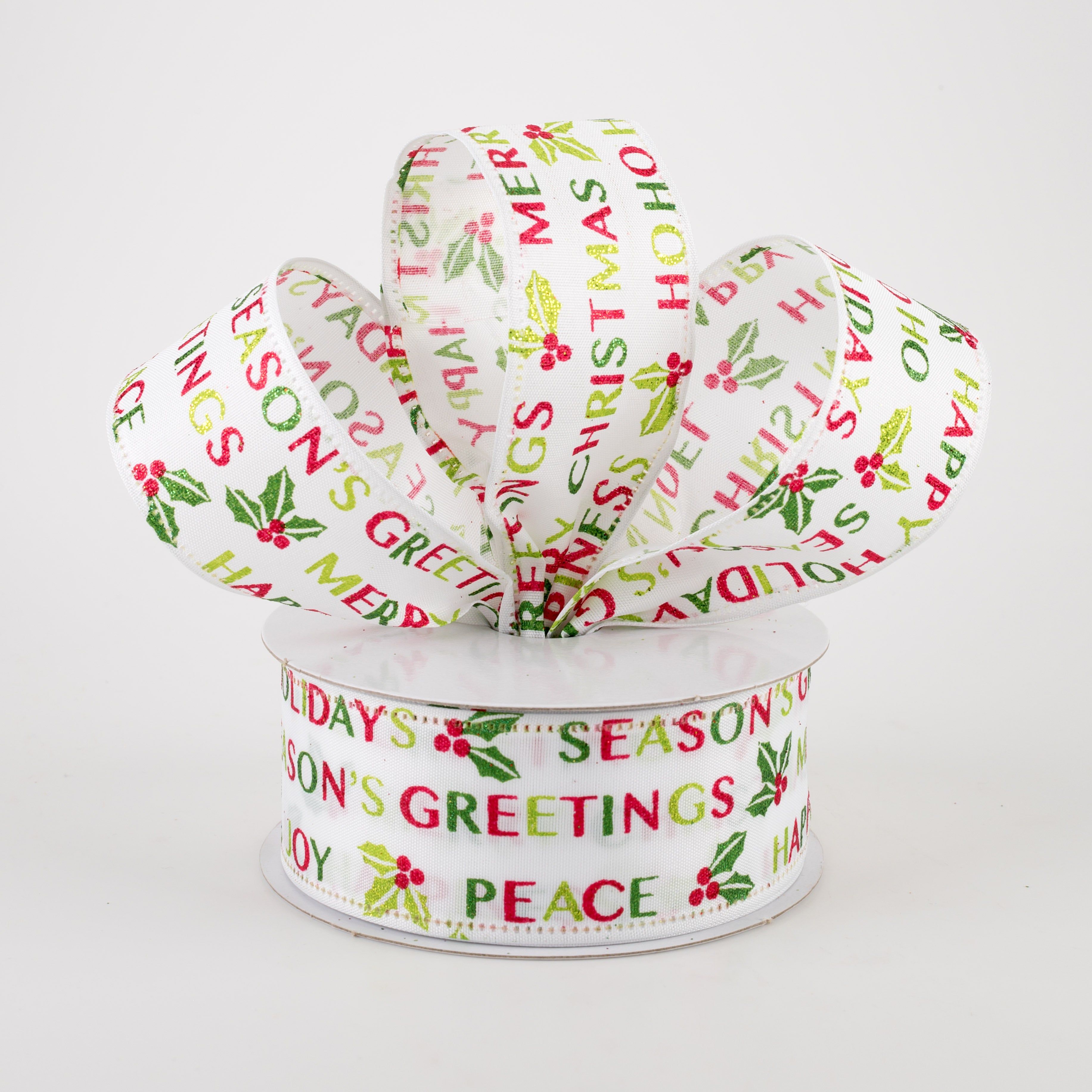 1.5" White Satin Seasons Greetings Ribbon (10 Yards) Lifestyle Photo