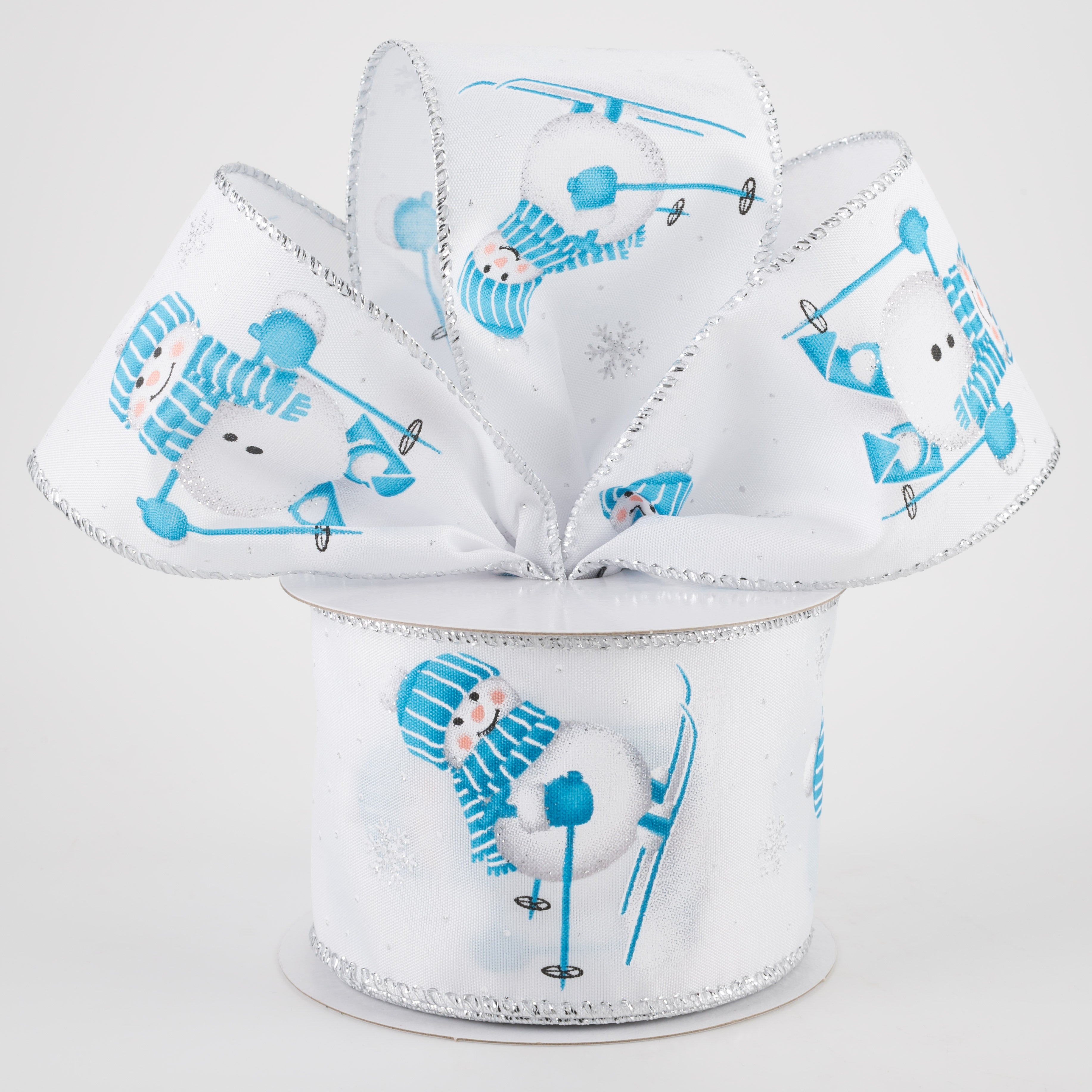 2.5" White Satin Skiing Snowman Ribbon: Blue, White (10 Yards) Lifestyle Photo
