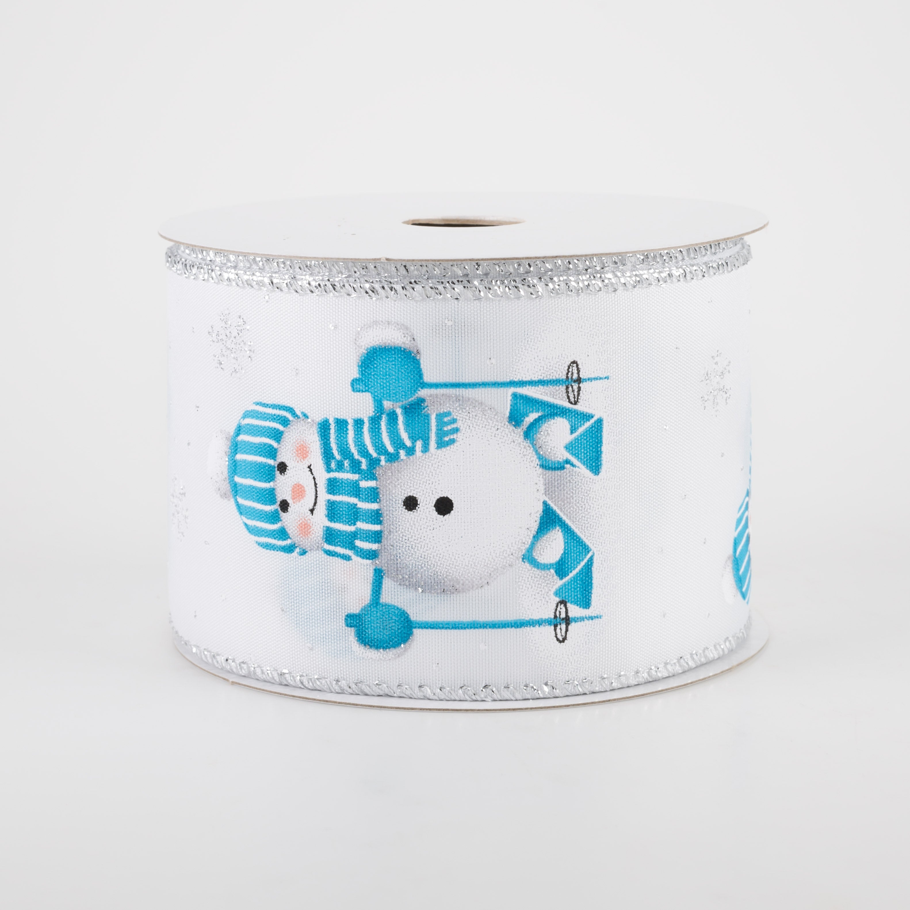 2.5" White Satin Skiing Snowman Ribbon: Blue, White (10 Yards)
