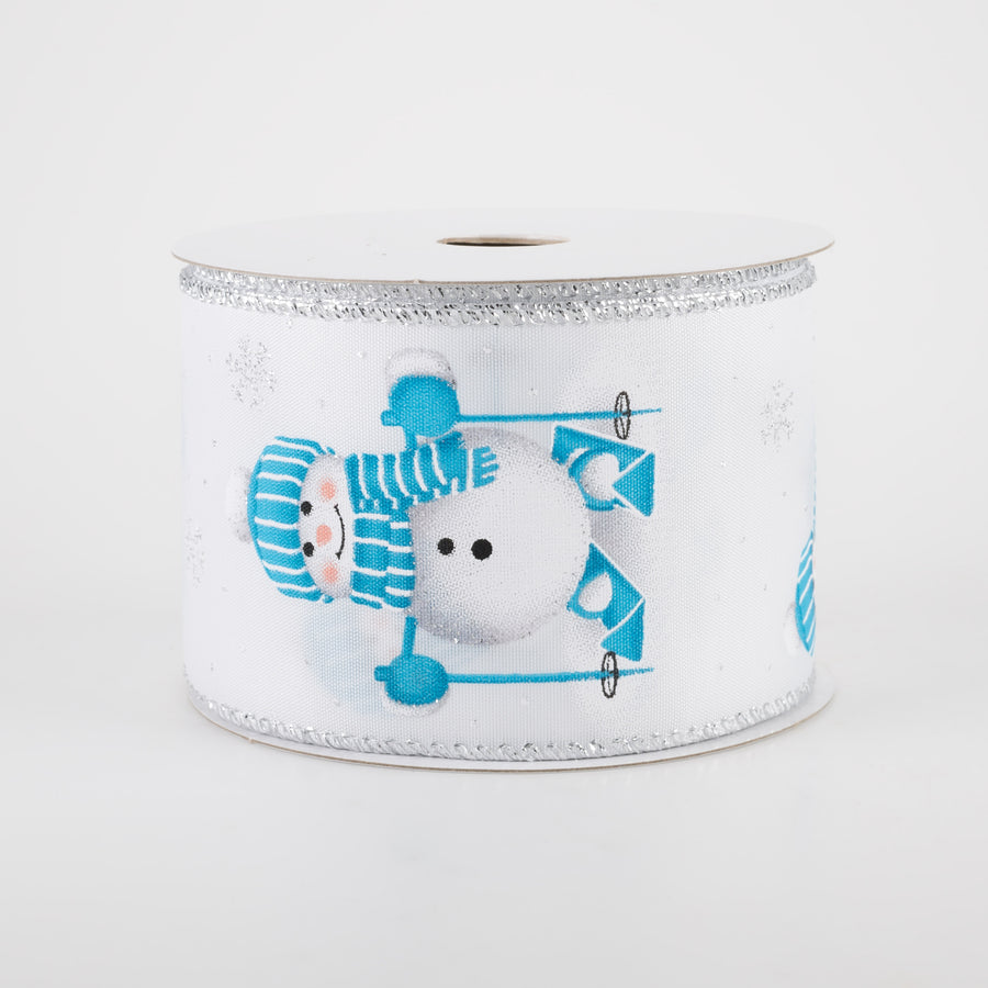 2.5" White Satin Skiing Snowman Ribbon: Blue, White (10 Yards)
