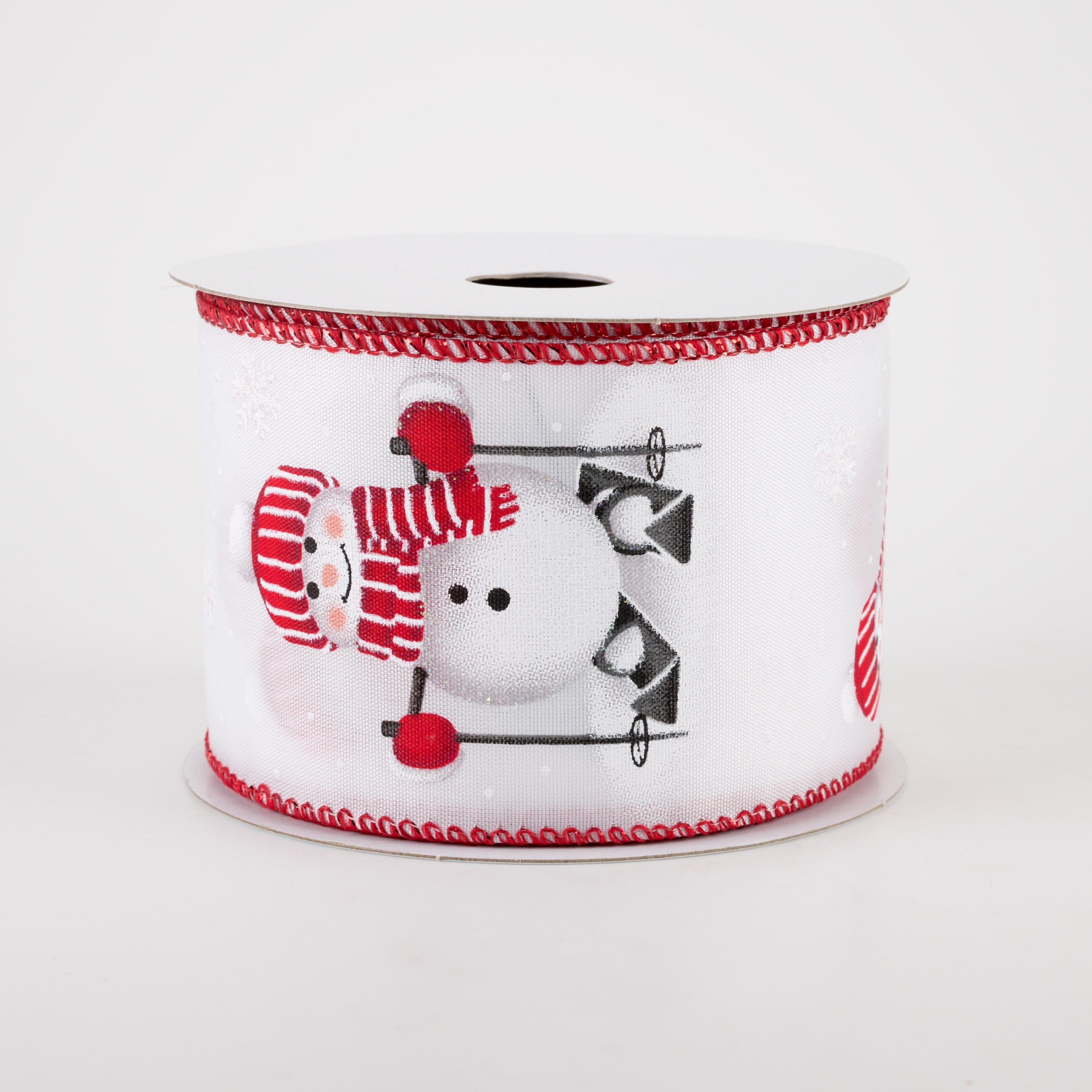 2.5" White Satin Skiing Snowman Ribbon: Red, White (10 Yards)