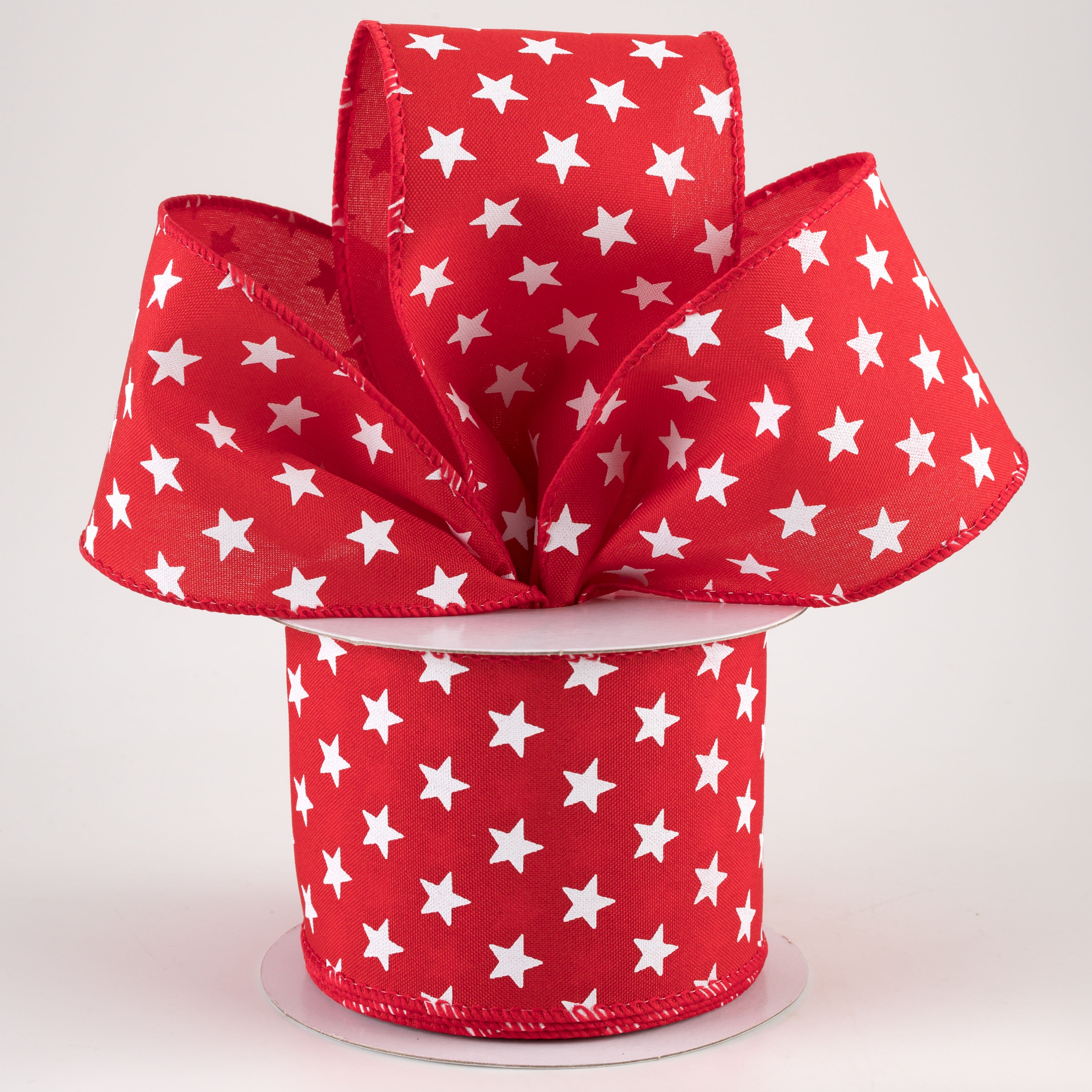 2.5" White Stars On Red Satin Ribbon (10 Yards) Lifestyle Photo