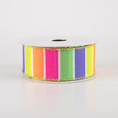 1.5" Wide Stripes Gold Edge Ribbon: Orange, Yellow, Fuchsia Pink, Lime, Purple (10 Yards)