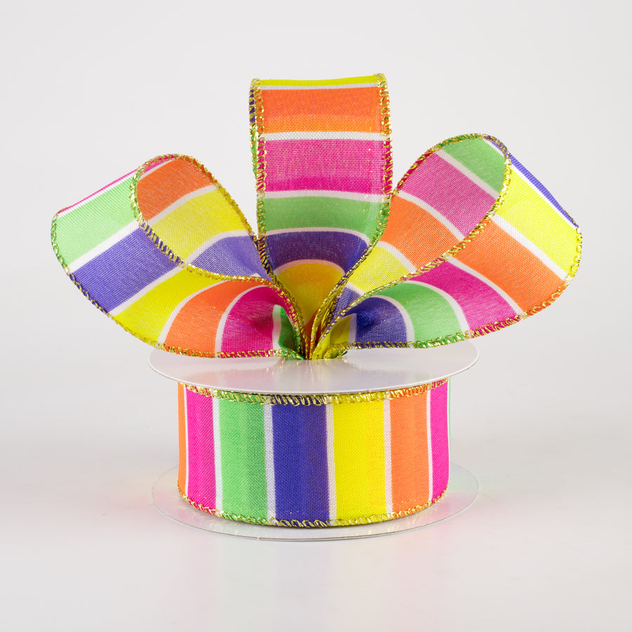 1.5" Wide Stripes Gold Edge Ribbon: Orange, Yellow, Fuchsia Pink, Lime, Purple (10 Yards) Lifestyle Photo