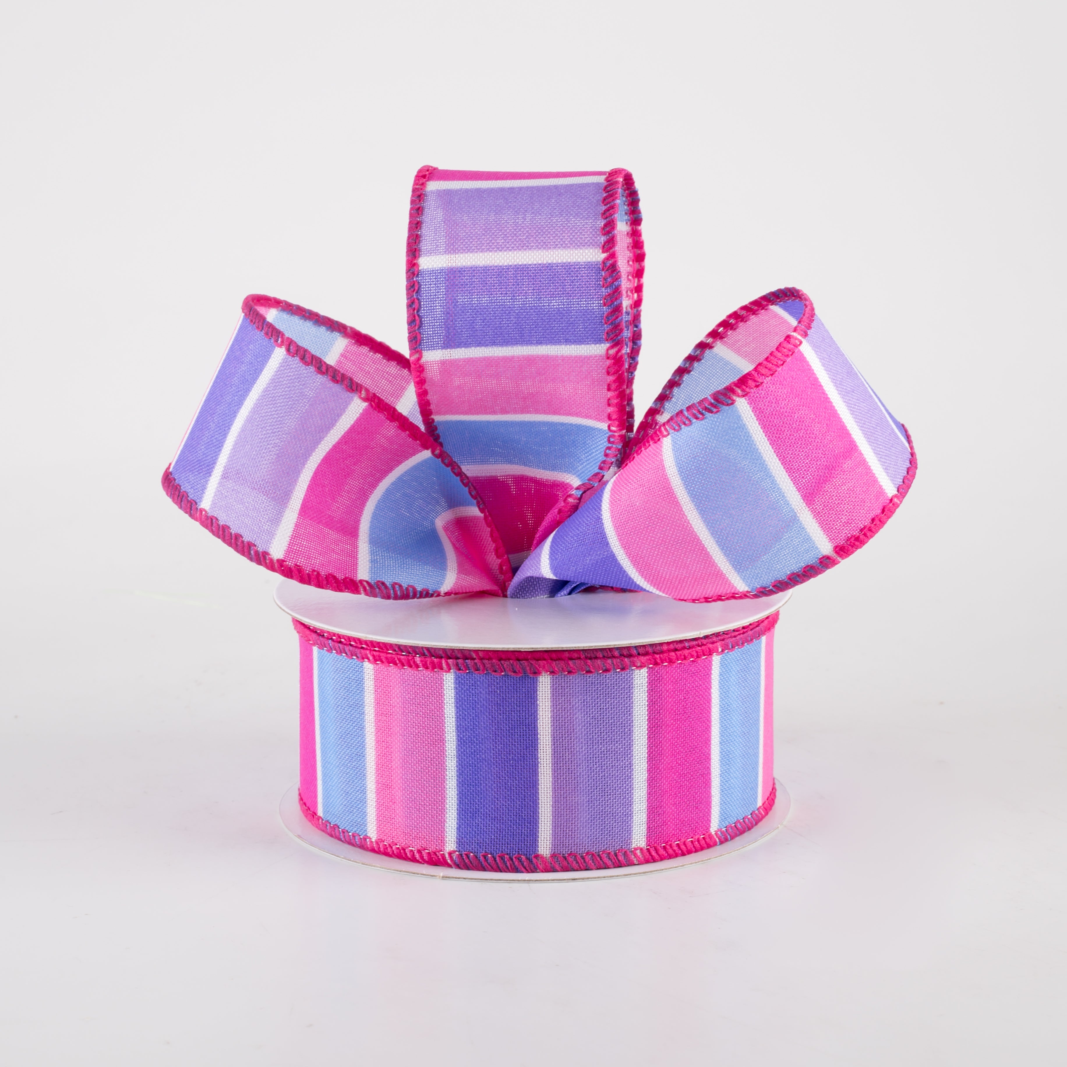 1.5" Wide Stripes Ribbon: Purple, Fuchsia Pink, Blue (10 Yards) Lifestyle Photo