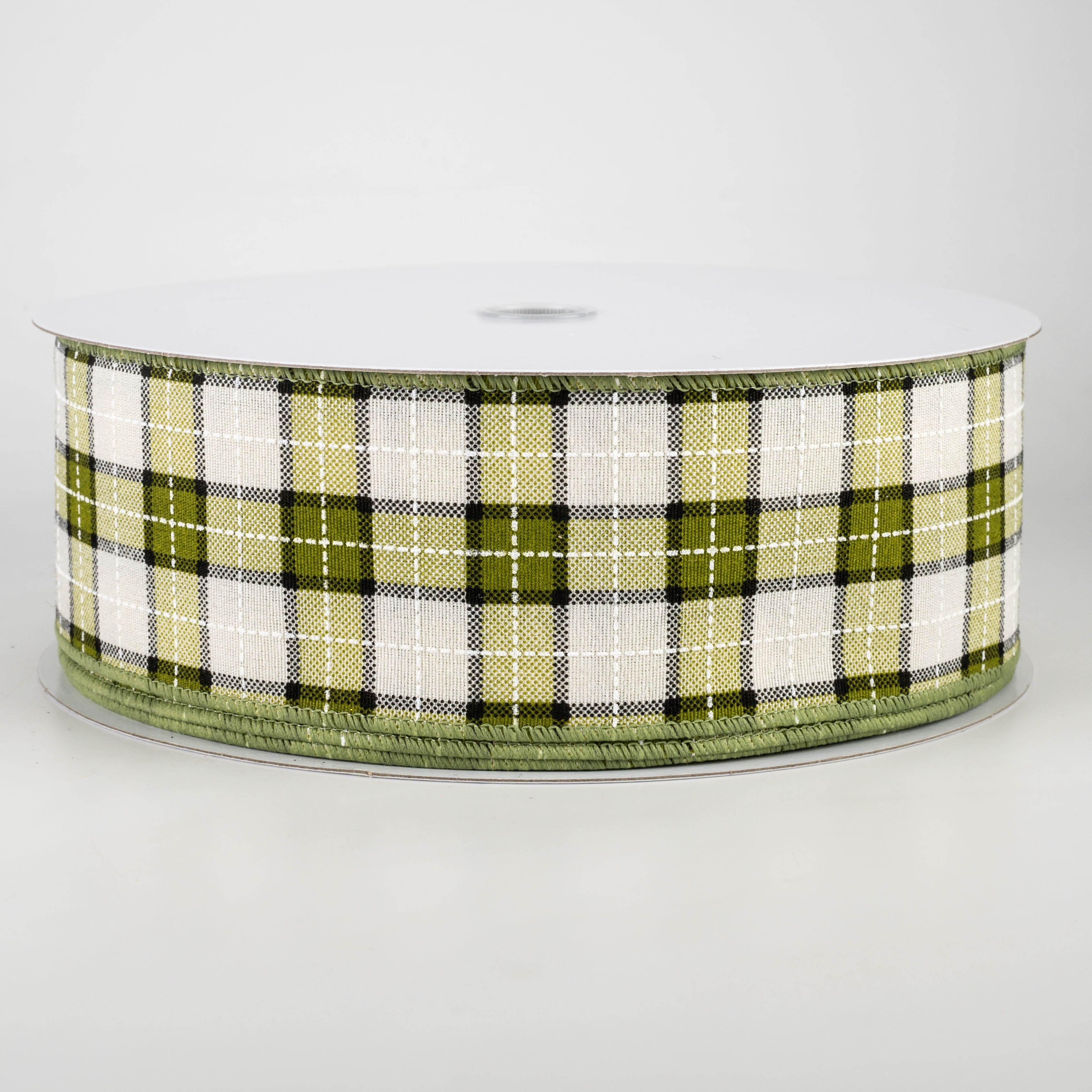 2.5" Windowpane Plaid Ribbon: Olive, Ivory, Black (50 Yards)