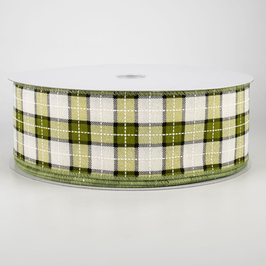 2.5" Windowpane Plaid Ribbon: Olive, Ivory, Black (50 Yards)