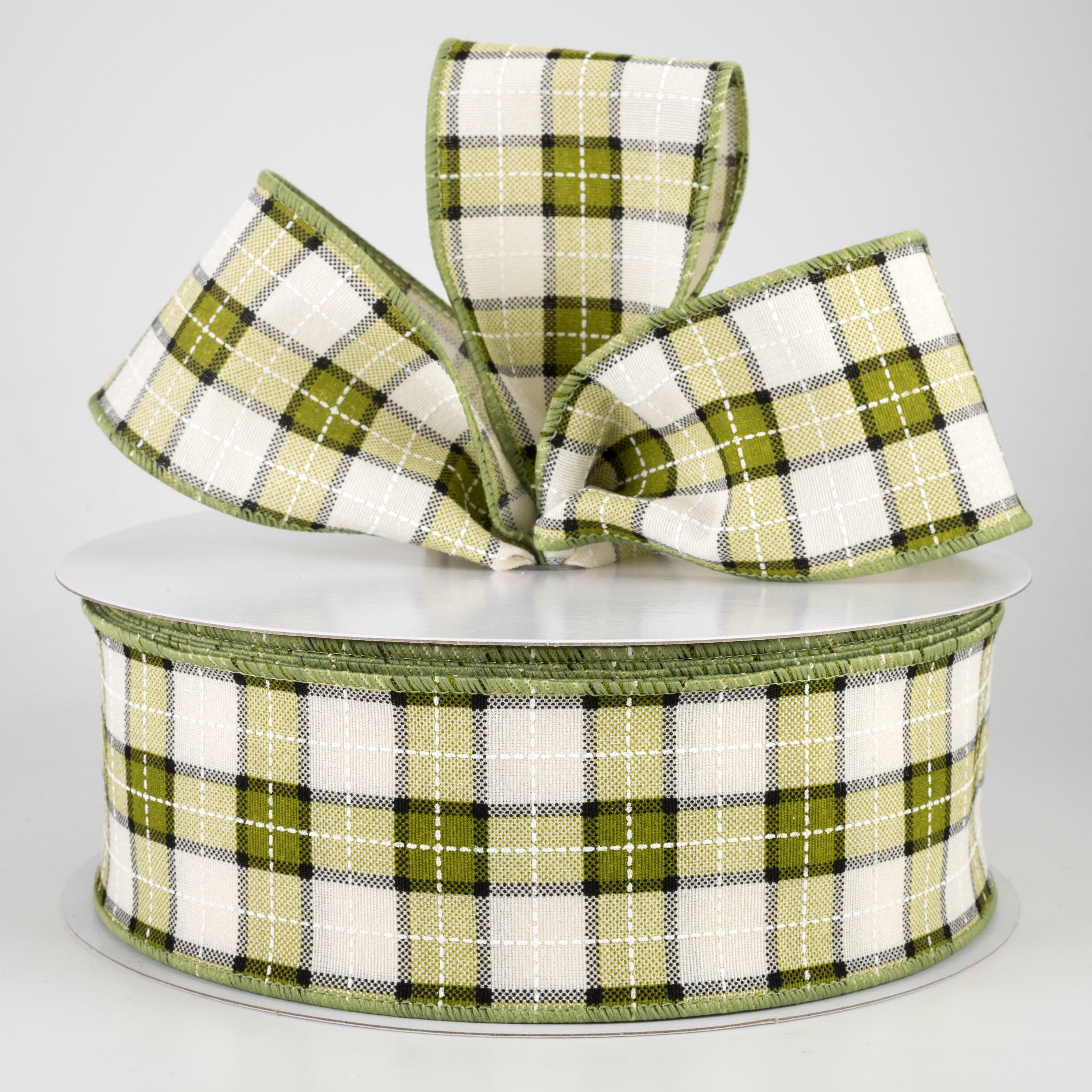 2.5" Windowpane Plaid Ribbon: Olive, Ivory, Black (50 Yards) Lifestyle Photo