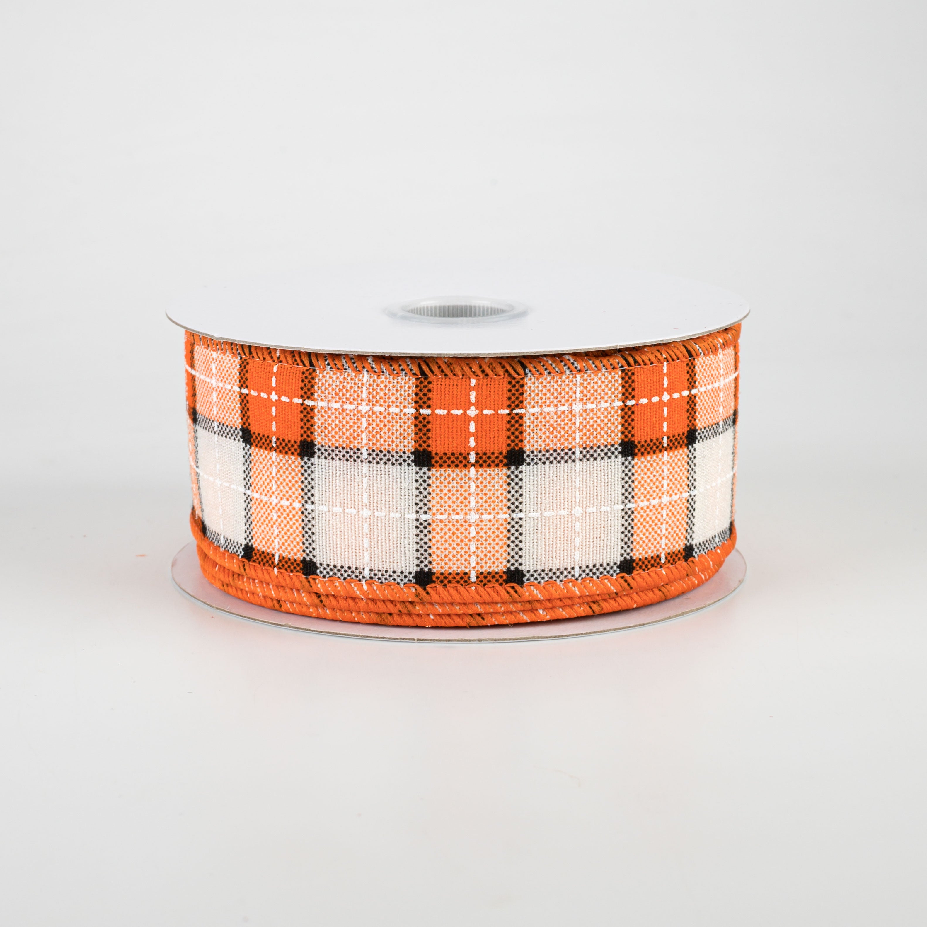 1.5" Windowpane Plaid Ribbon: Orange, Black, Cream (10 Yards)