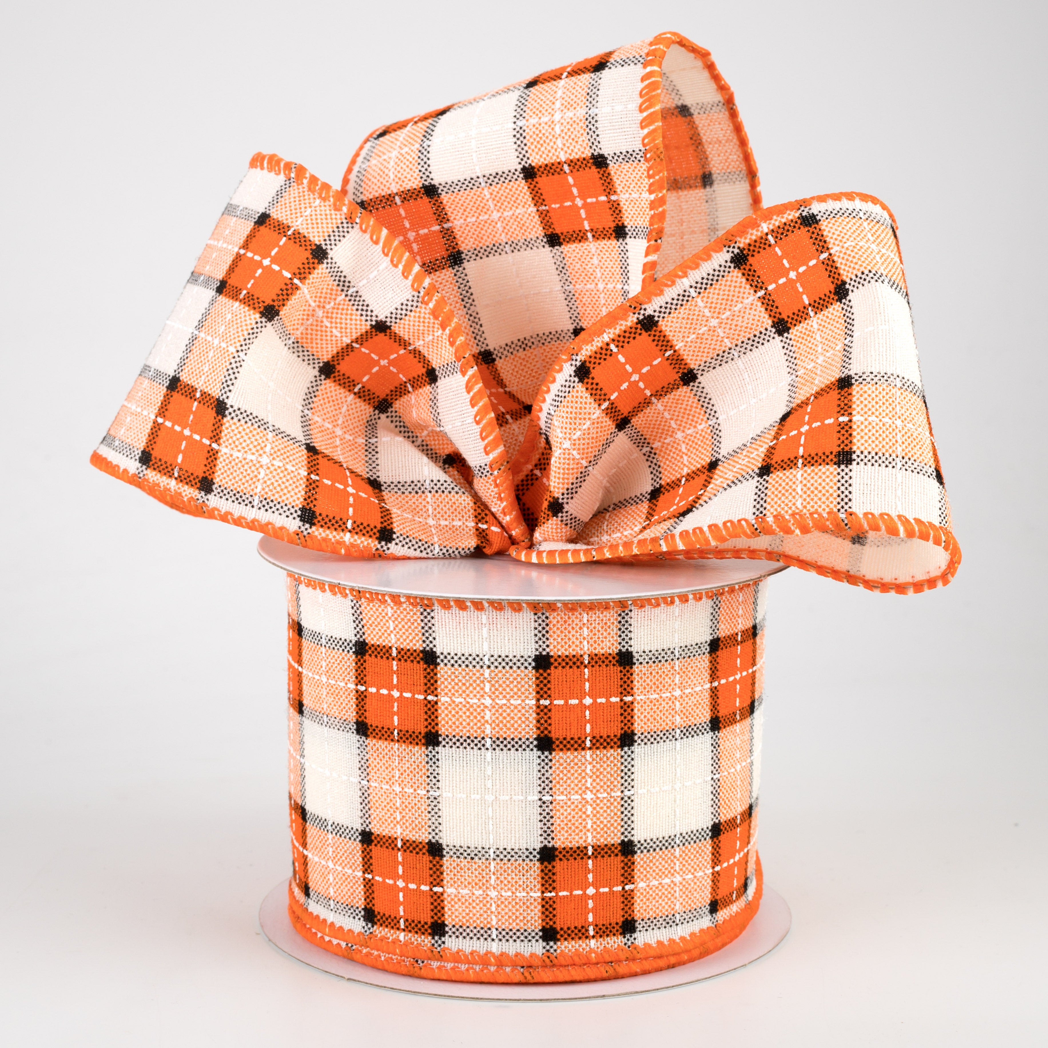 2.5" Windowpane Plaid Ribbon: Orange, Black, Cream (10 Yards) Lifestyle Photo