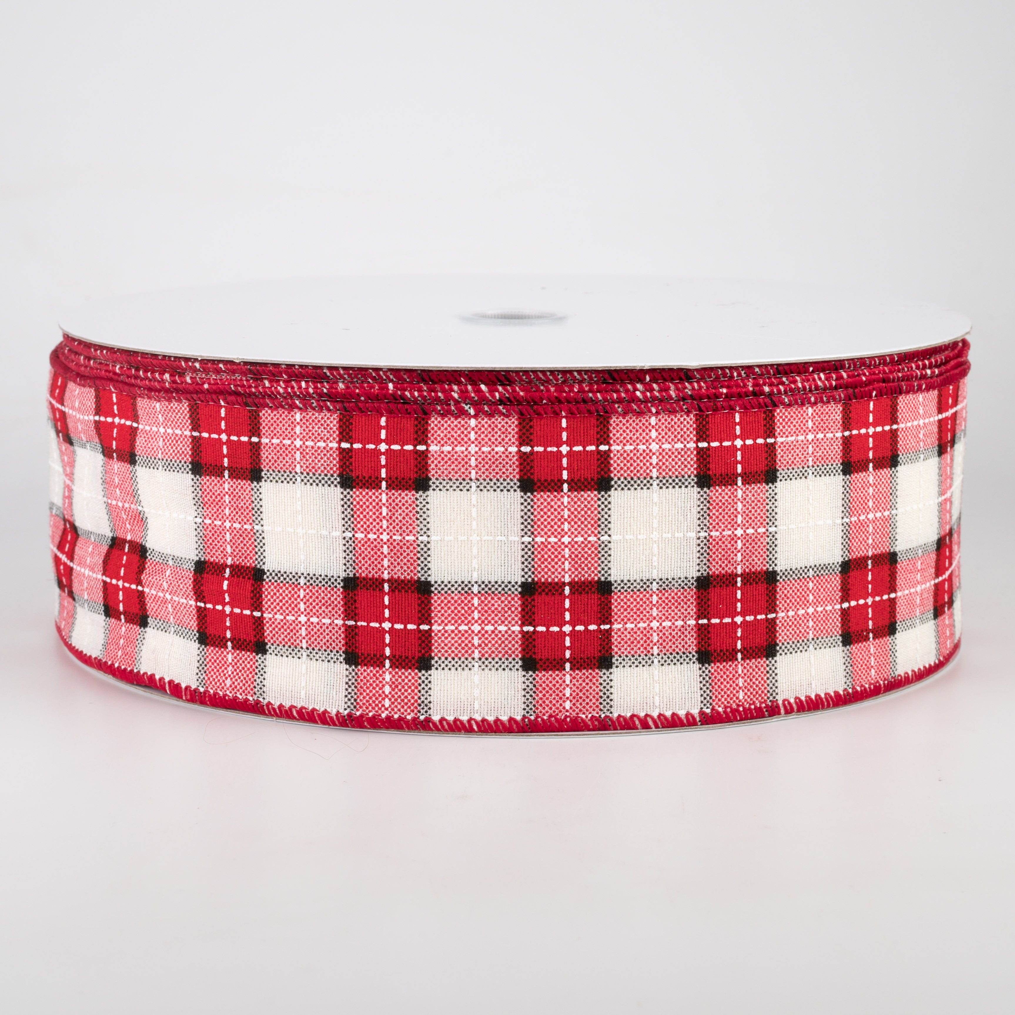 2.5" Windowpane Plaid Ribbon: Red, Ivory, Black (50 Yards)