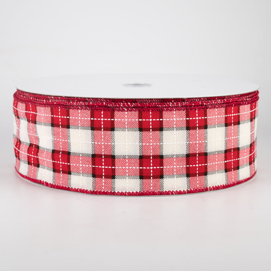 2.5" Windowpane Plaid Ribbon: Red, Ivory, Black (50 Yards)