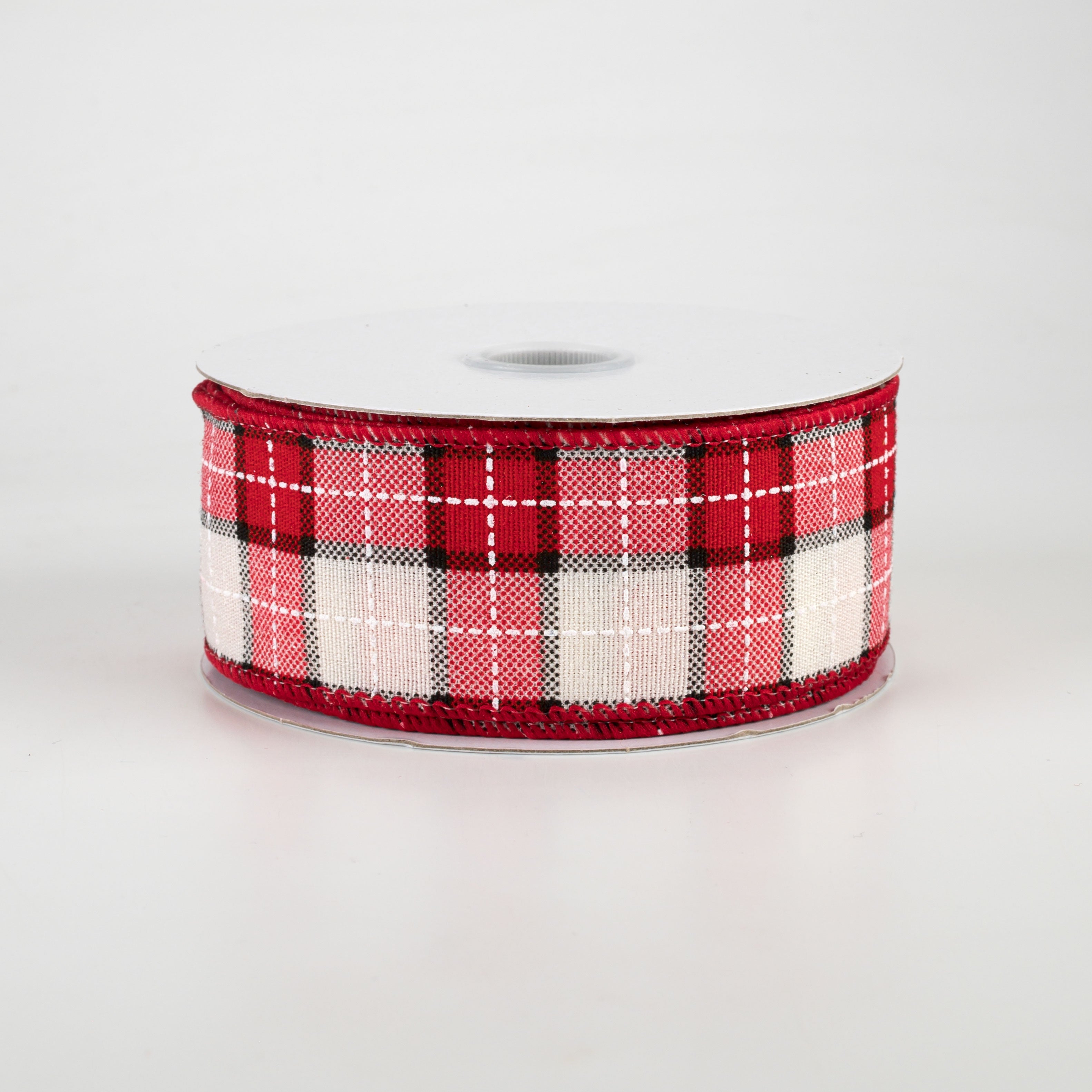 1.5" Windowpane Plaid Ribbon: Red, Ivory, Black (10 Yards)