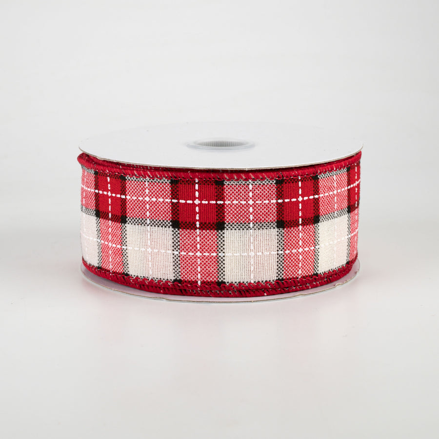 1.5" Windowpane Plaid Ribbon: Red, Ivory, Black (10 Yards)