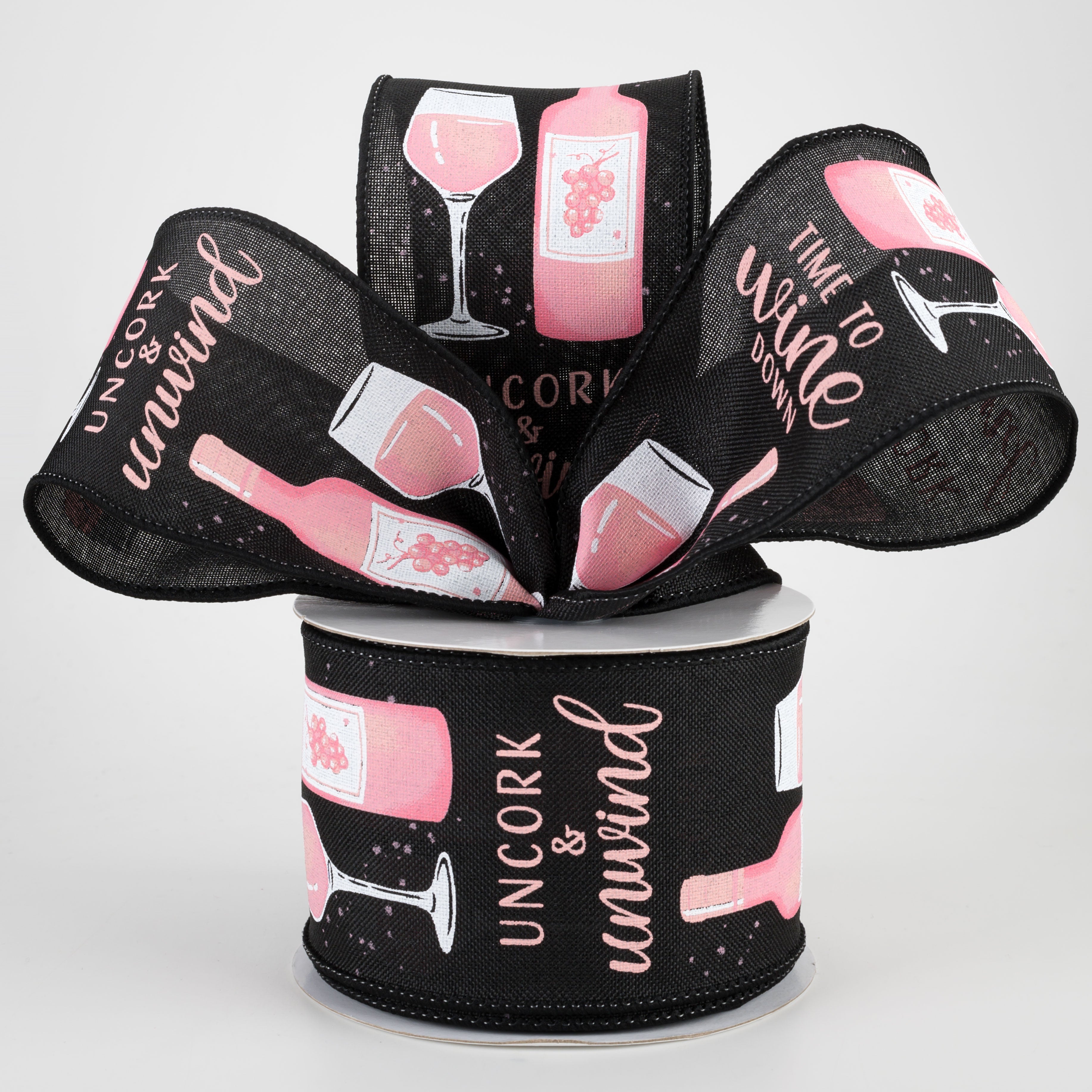 2.5" Wine Down Bottle Ribbon: Black & Blush (10 Yards) Lifestyle Photo