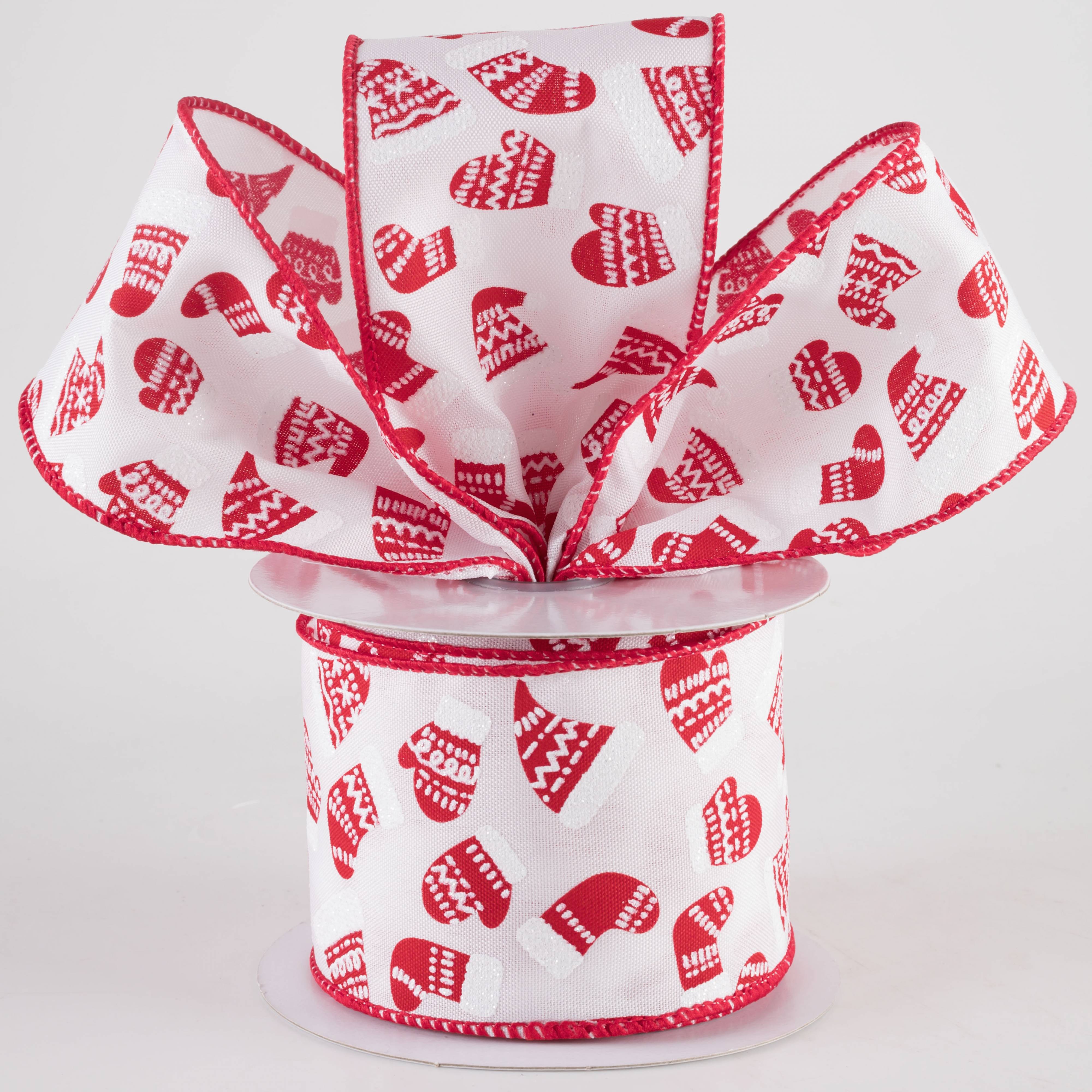 2.5" Winter Hats & Mittens Ribbon: White & Red (10 Yards) Lifestyle Photo