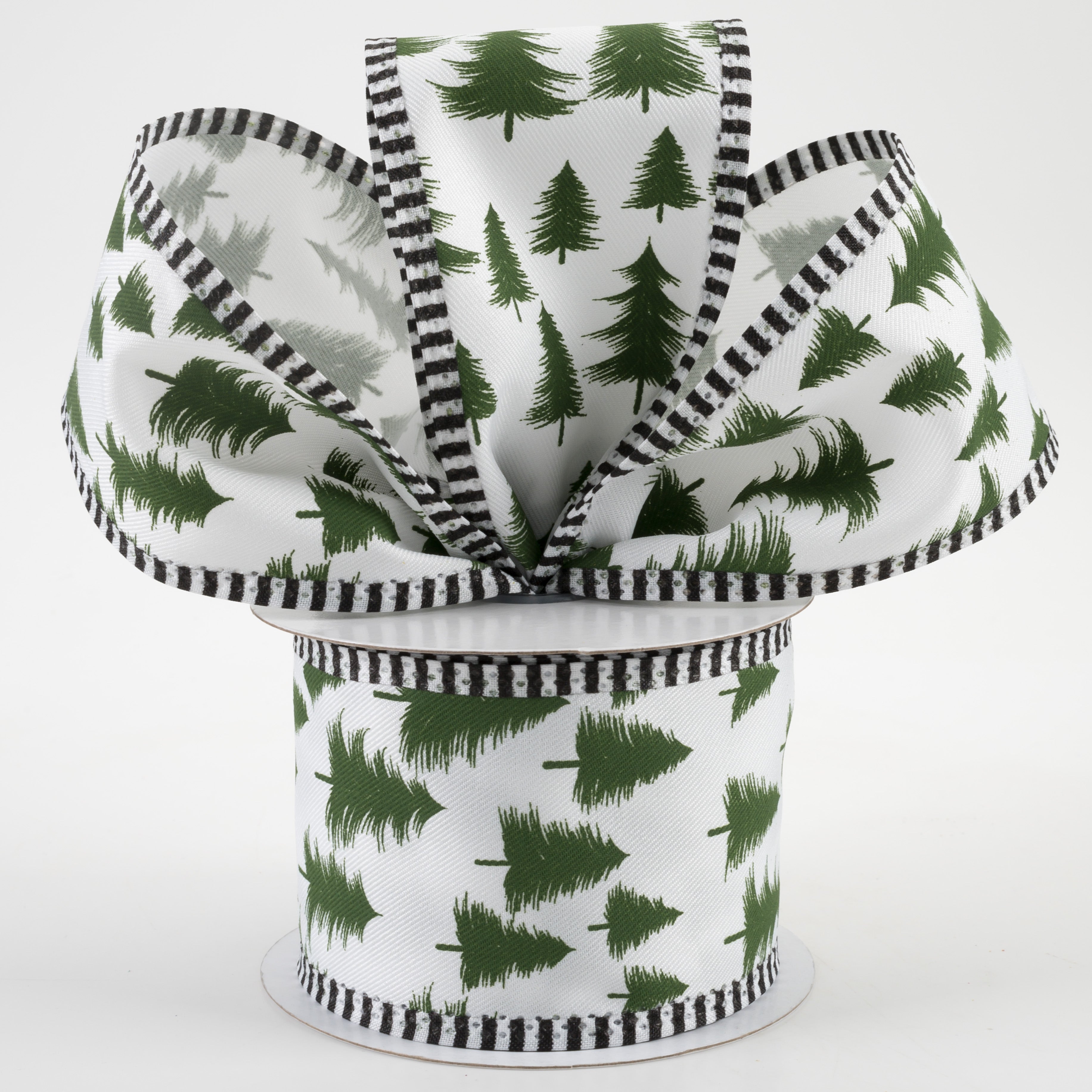 2.5" Wispy Trees Stripe Edge Ribbon: White & Dark Green (10 Yards) Lifestyle Photo