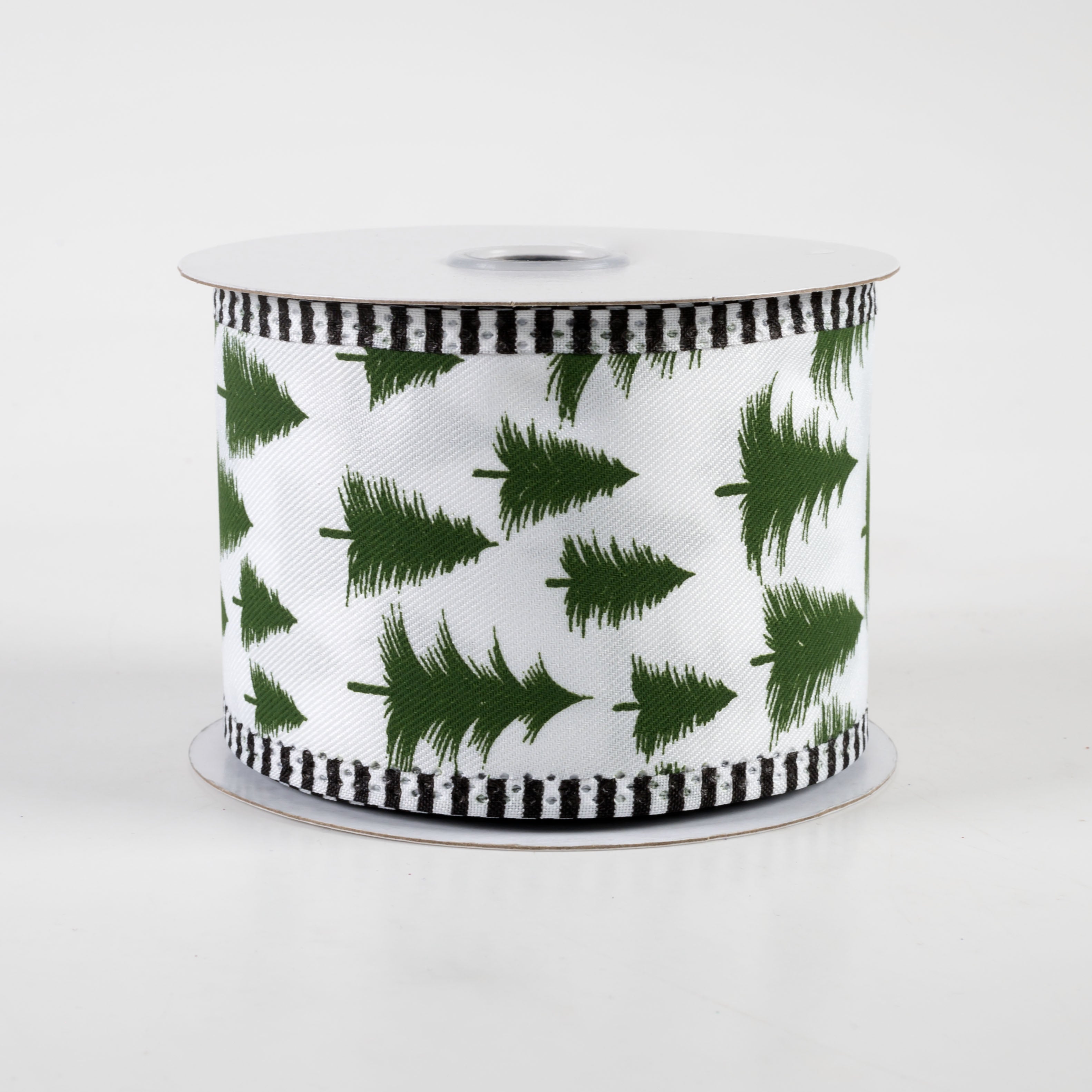 2.5" Wispy Trees Stripe Edge Ribbon: White & Dark Green (10 Yards)