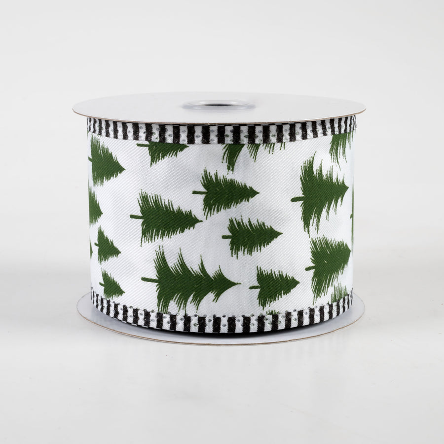 2.5" Wispy Trees Stripe Edge Ribbon: White & Dark Green (10 Yards)