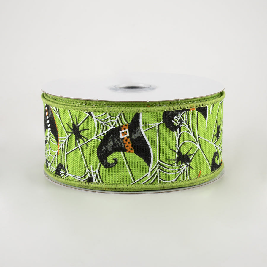 1.5" Witch Hats and Spiders Ribbon: Fresh Green (10 Yards)