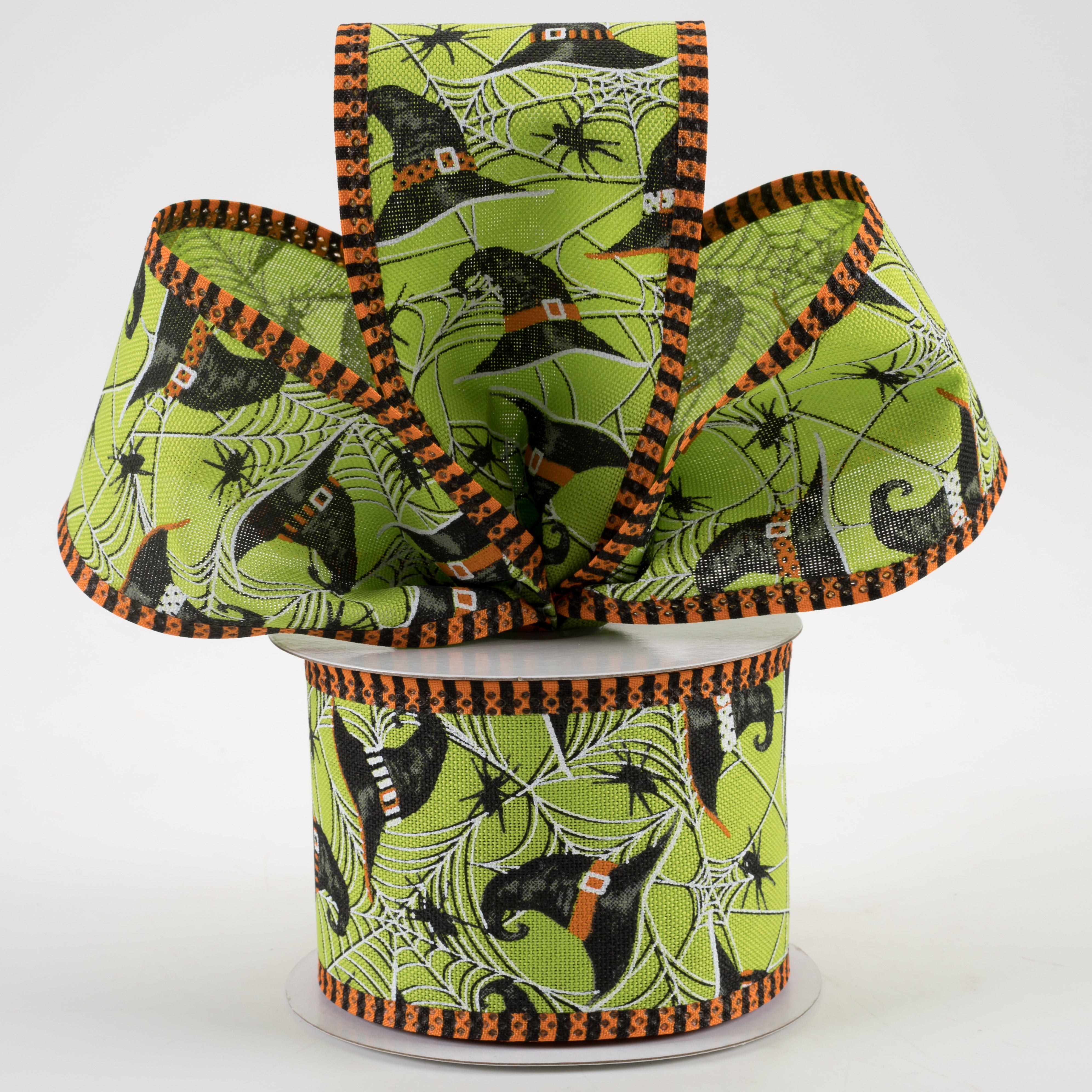 2.5" Witch Hats, Spiders, Stripe Edge Ribbon: Fresh Green (10 Yards) Lifestyle Photo