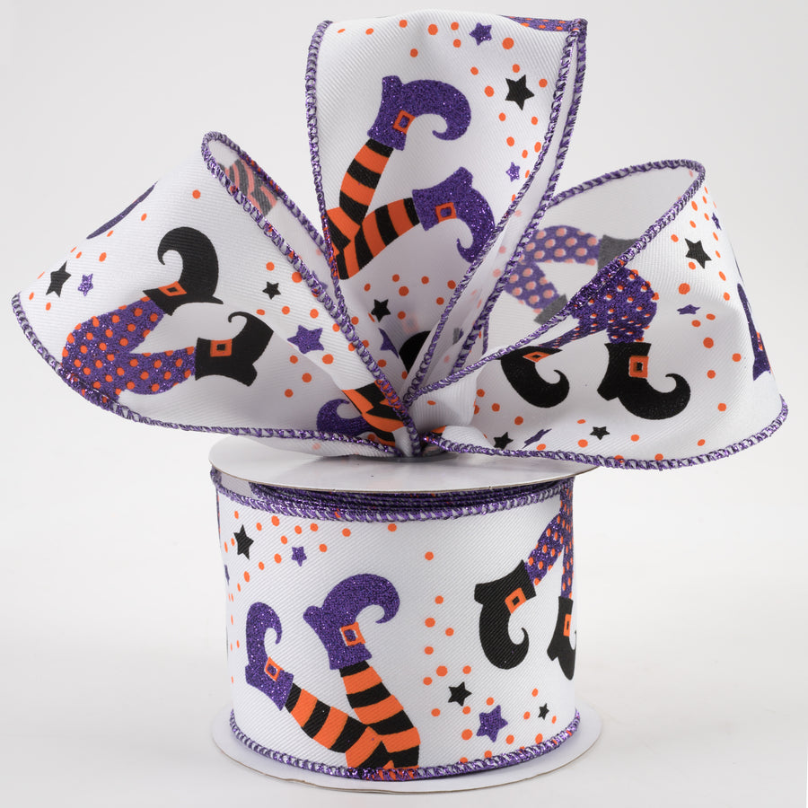 2.5" Witch Legs on Diagonal Weave Ribbon: White (10 Yards) Lifestyle Photo