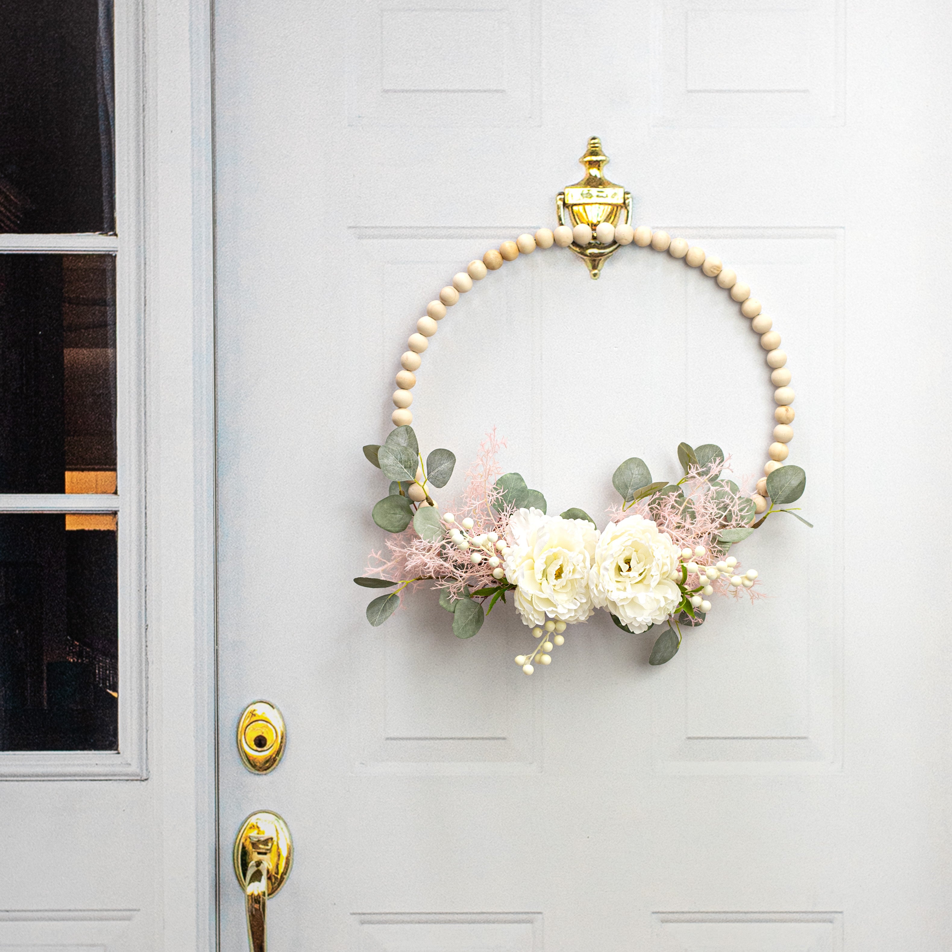 17.75" Wood Bead Wreath: Bleached Lifestyle Photo