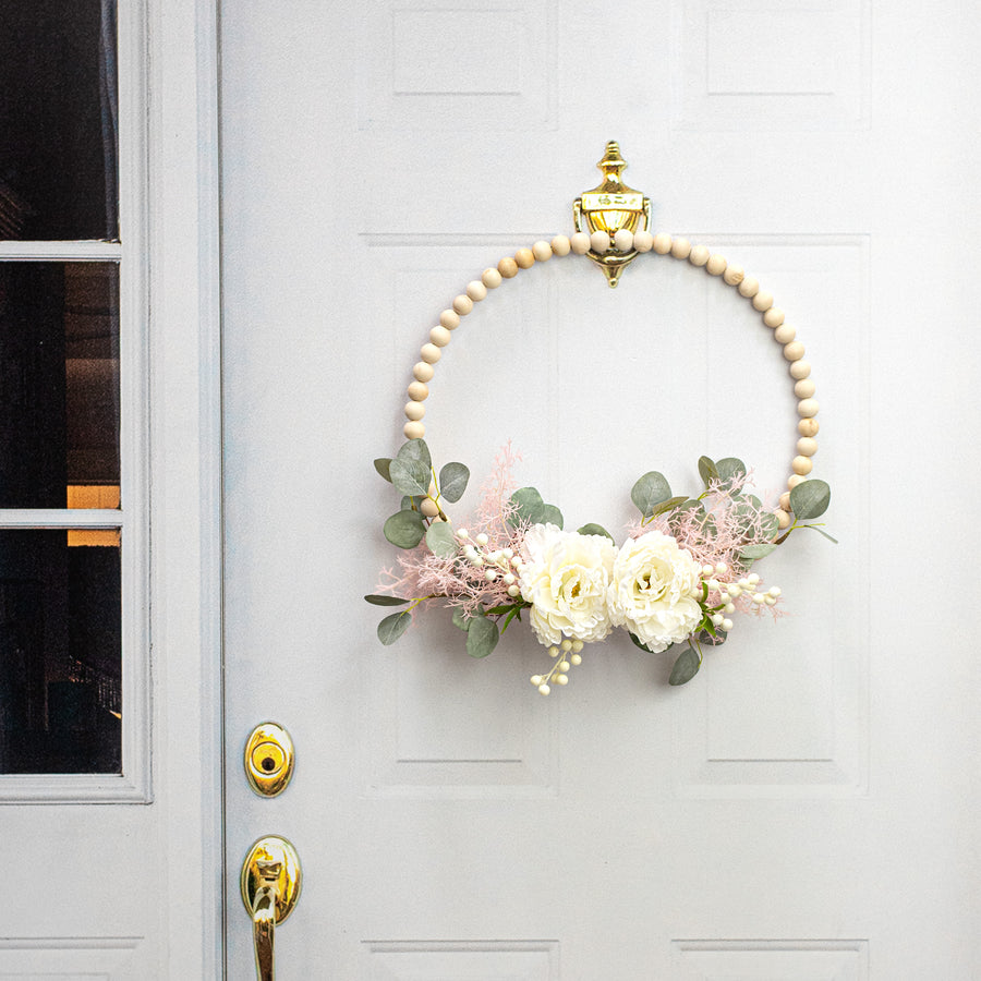17.75" Wood Bead Wreath: Bleached Lifestyle Photo