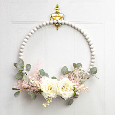 17.75" Wood Bead Wreath: Whitewash Lifestyle Photo