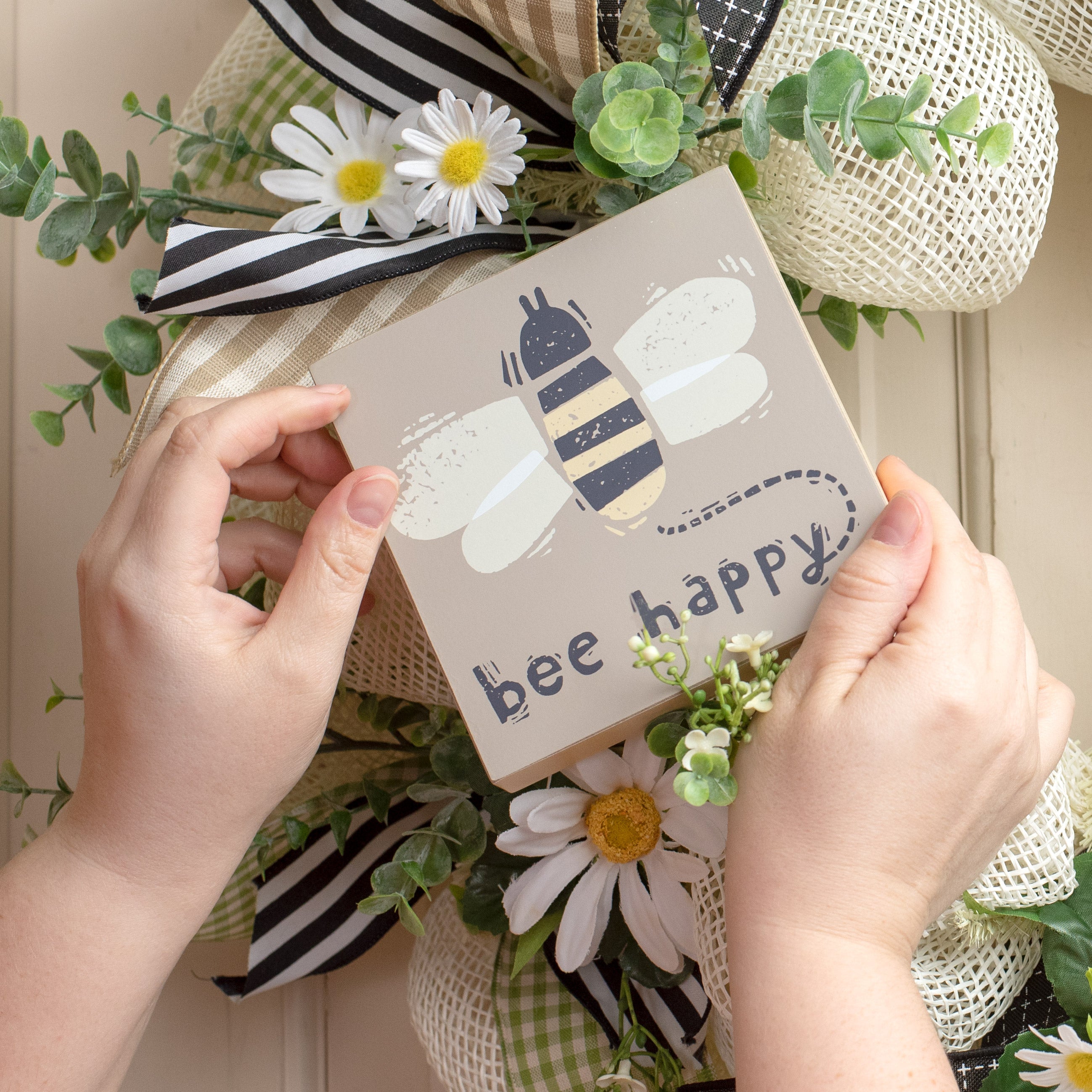 5" Wooden Block Sign: Bee Happy Lifestyle Photo