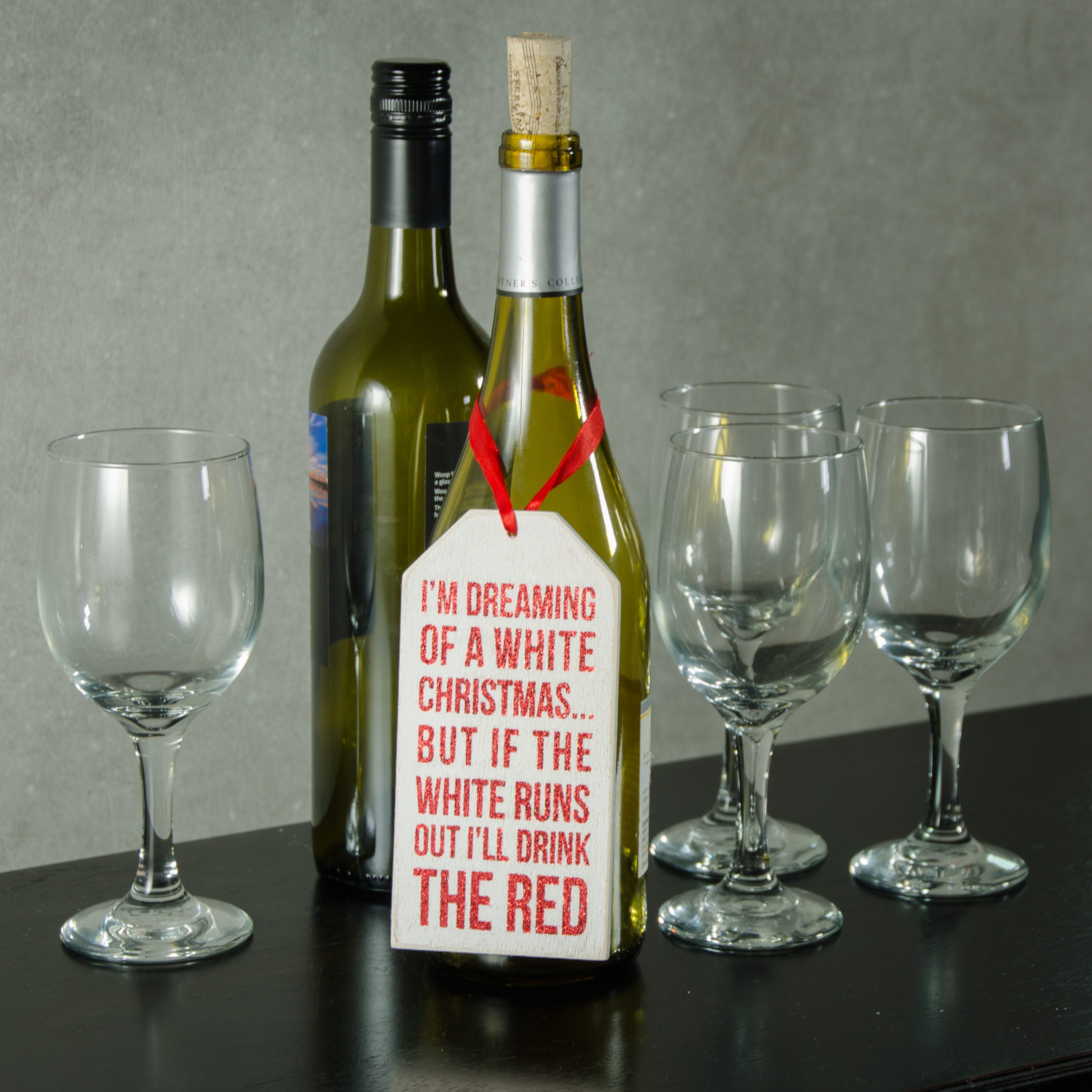 Wooden Bottle Tag: White Christmas (3" x 6.25") Lifestyle Photo
