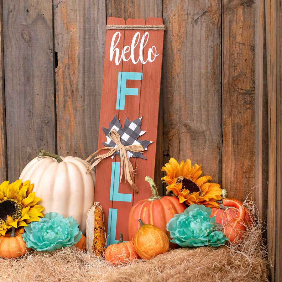 23" Wooden Hello Fall Maple Sign Lifestyle Photo