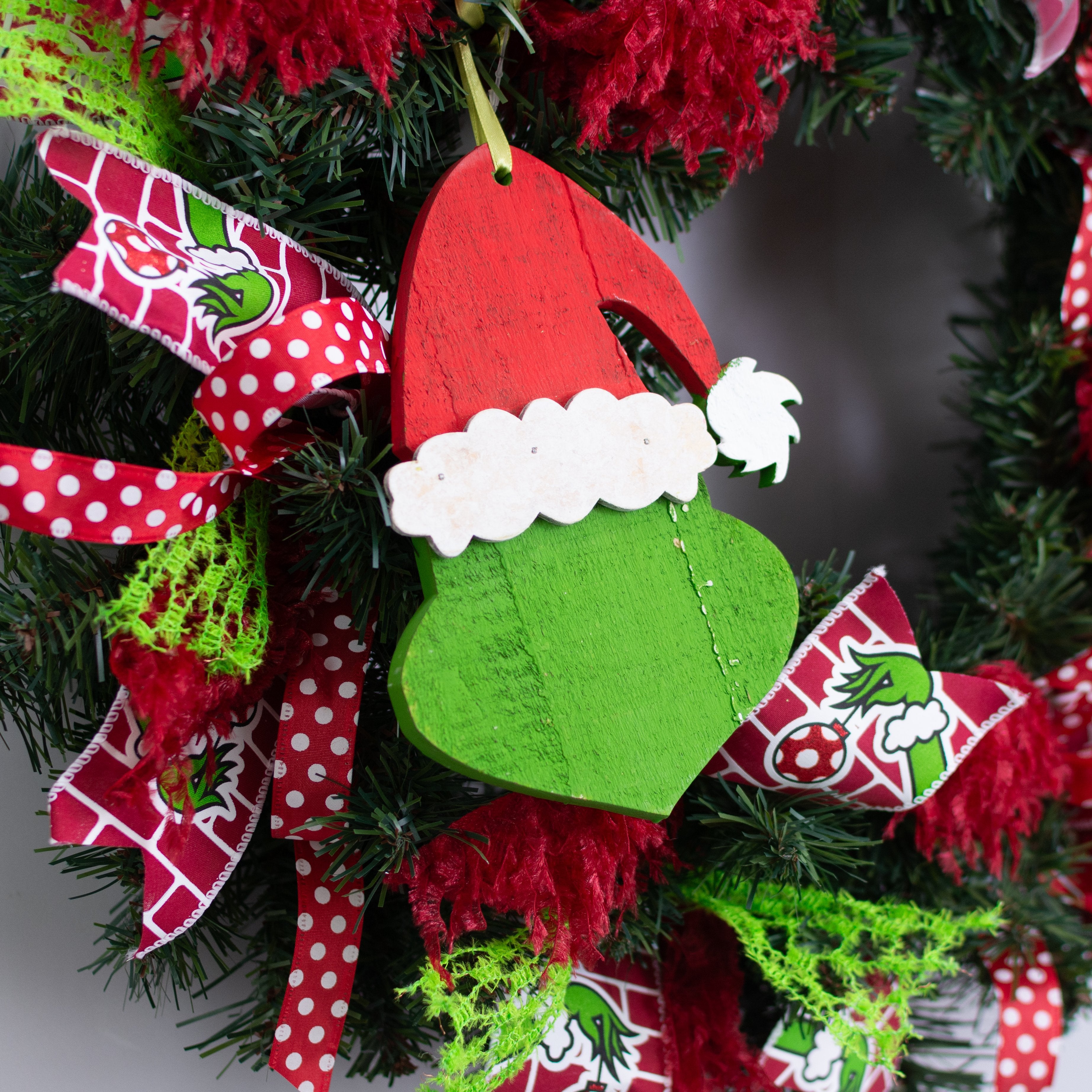 8" Wooden Holiday Green Monster Head Ornament Lifestyle Photo