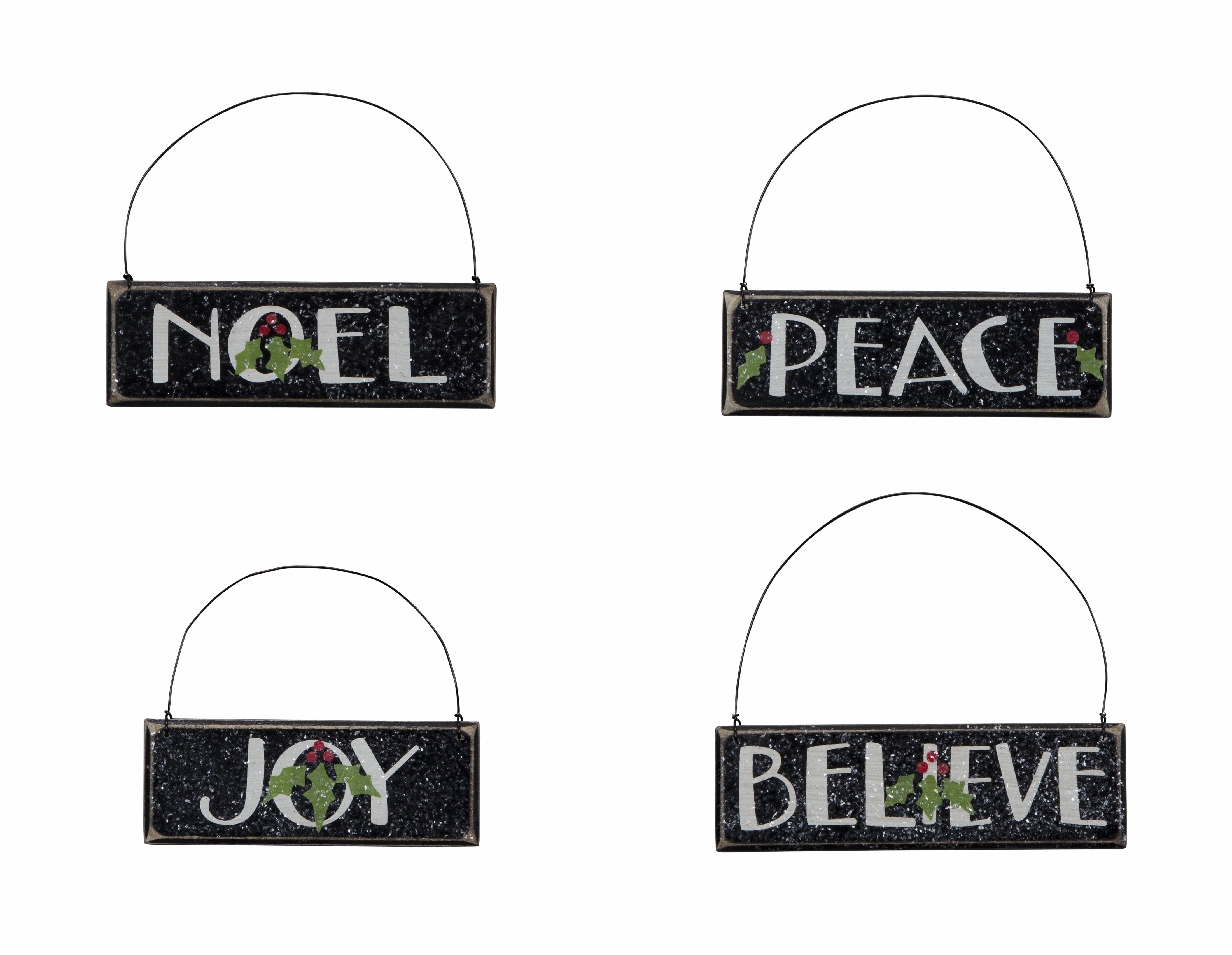 Wooden Holiday Words Ornaments (Set of 4): Peace, Noel, Joy, Believe Item Number: 22507