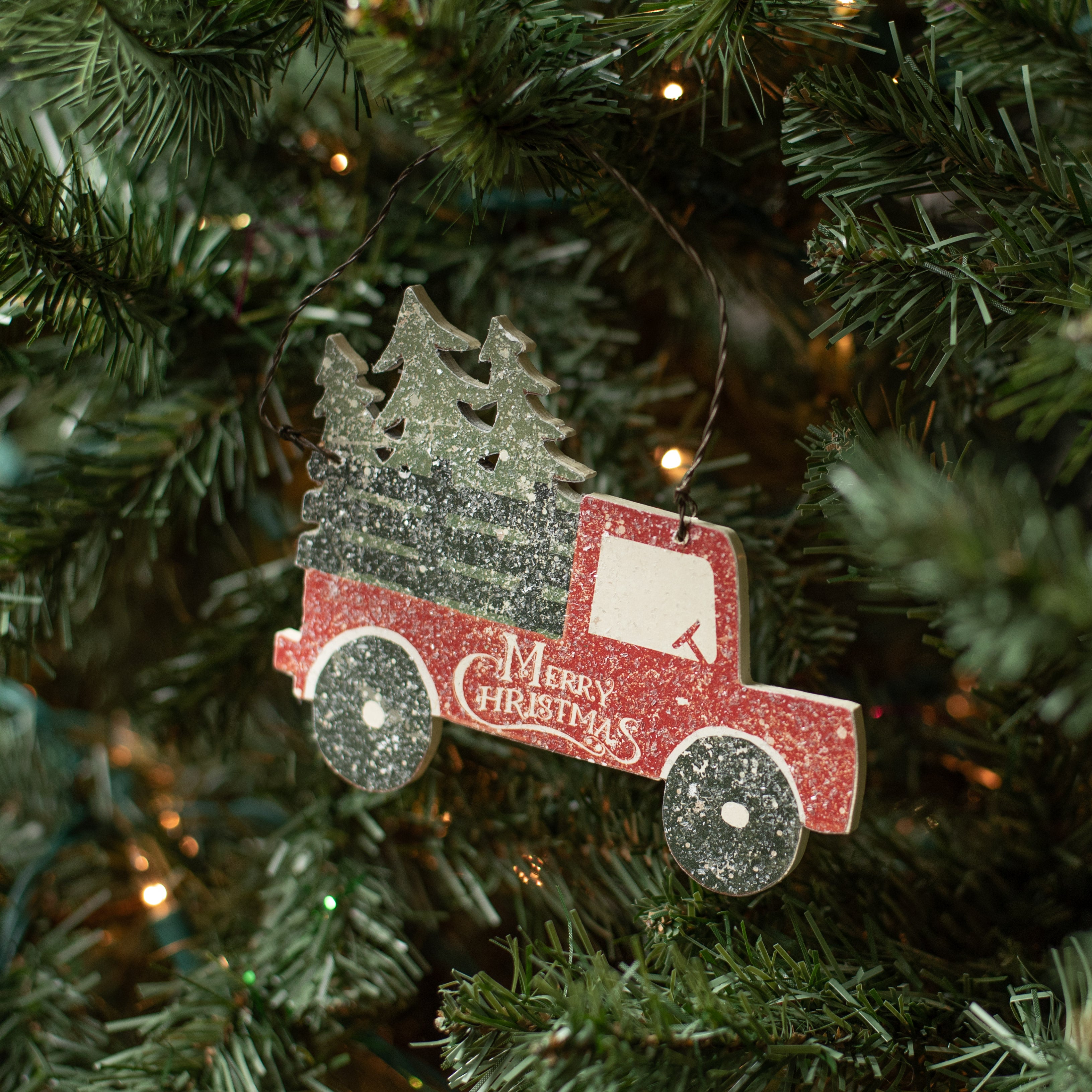 5" Wooden Merry Christmas Truck Ornament Lifestyle Photo