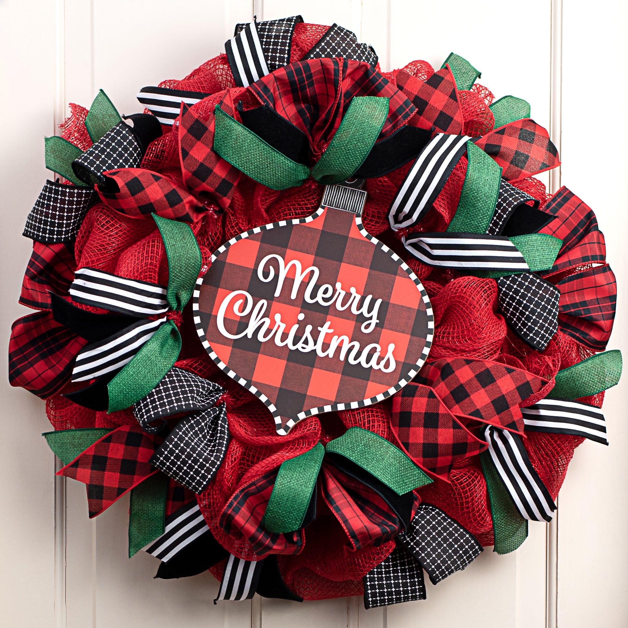 12" Wooden Ornament Sign: Buffalo Plaid Merry Christmas Lifestyle Photo