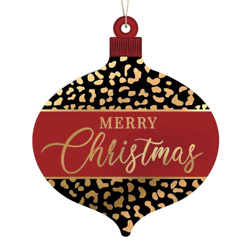 12" Wooden Ornament Sign: Gold Leopard Merry Christmas Item Number: AP8604