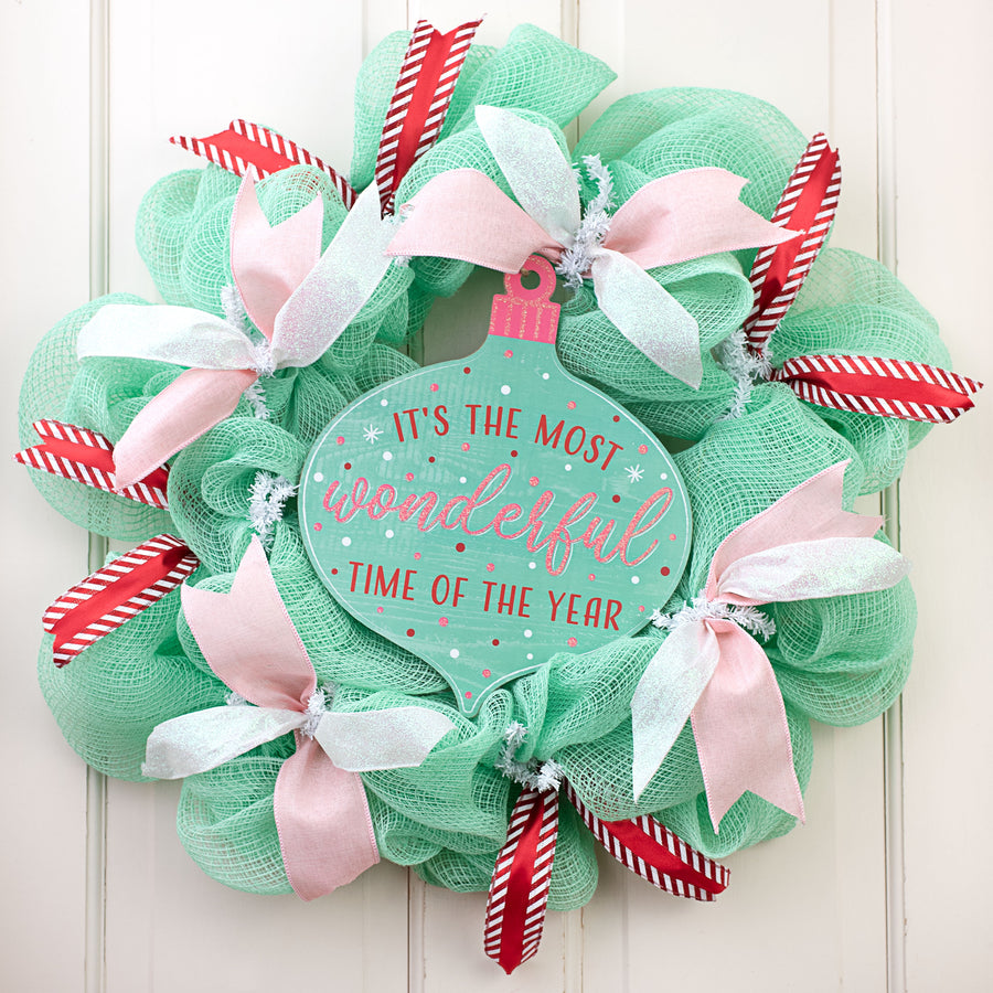 12" Wooden Ornament Sign: Mint Most Wonderful Time of Year Lifestyle Photo