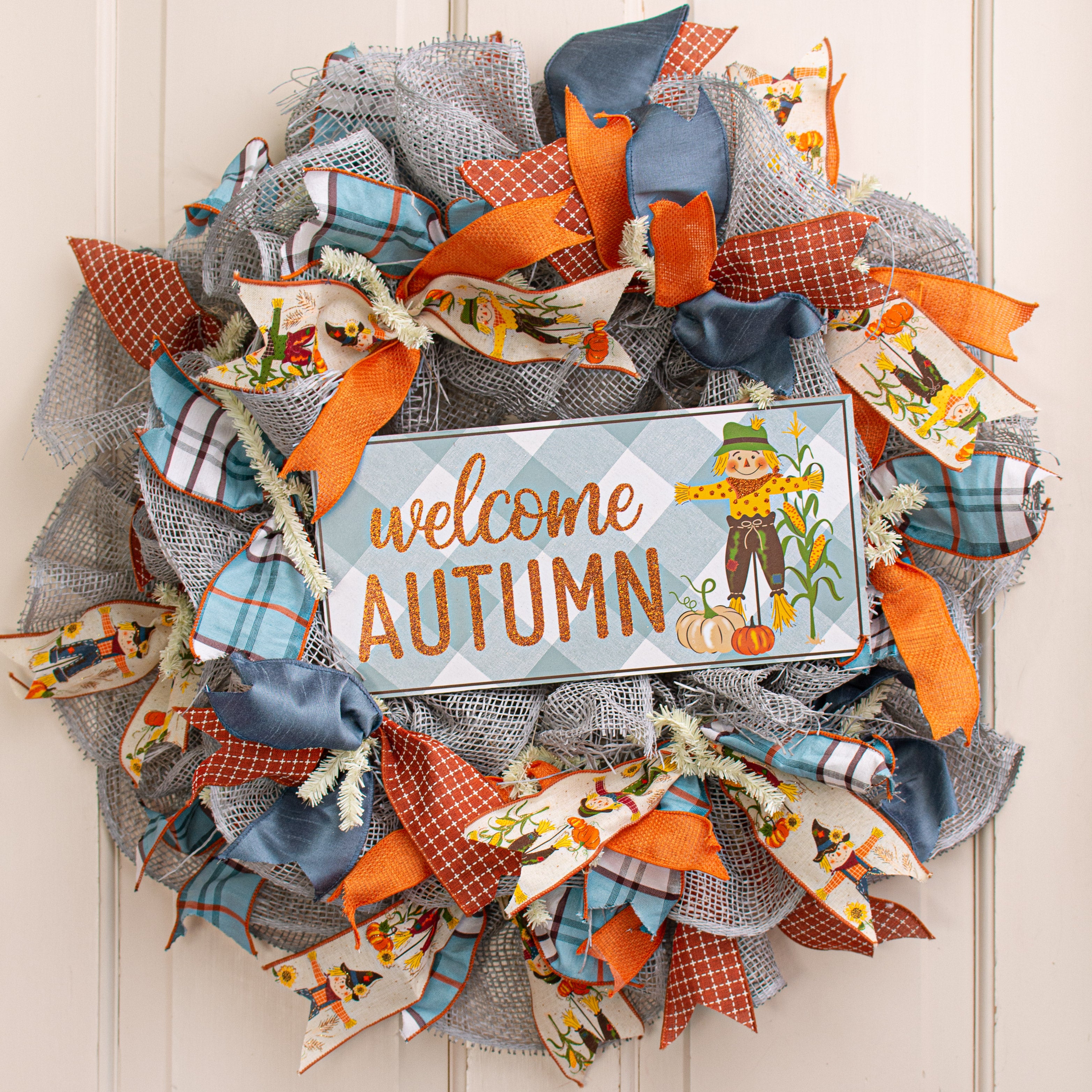 12" Wooden Sign: Autumn Scarecrow Blue Check Lifestyle Photo