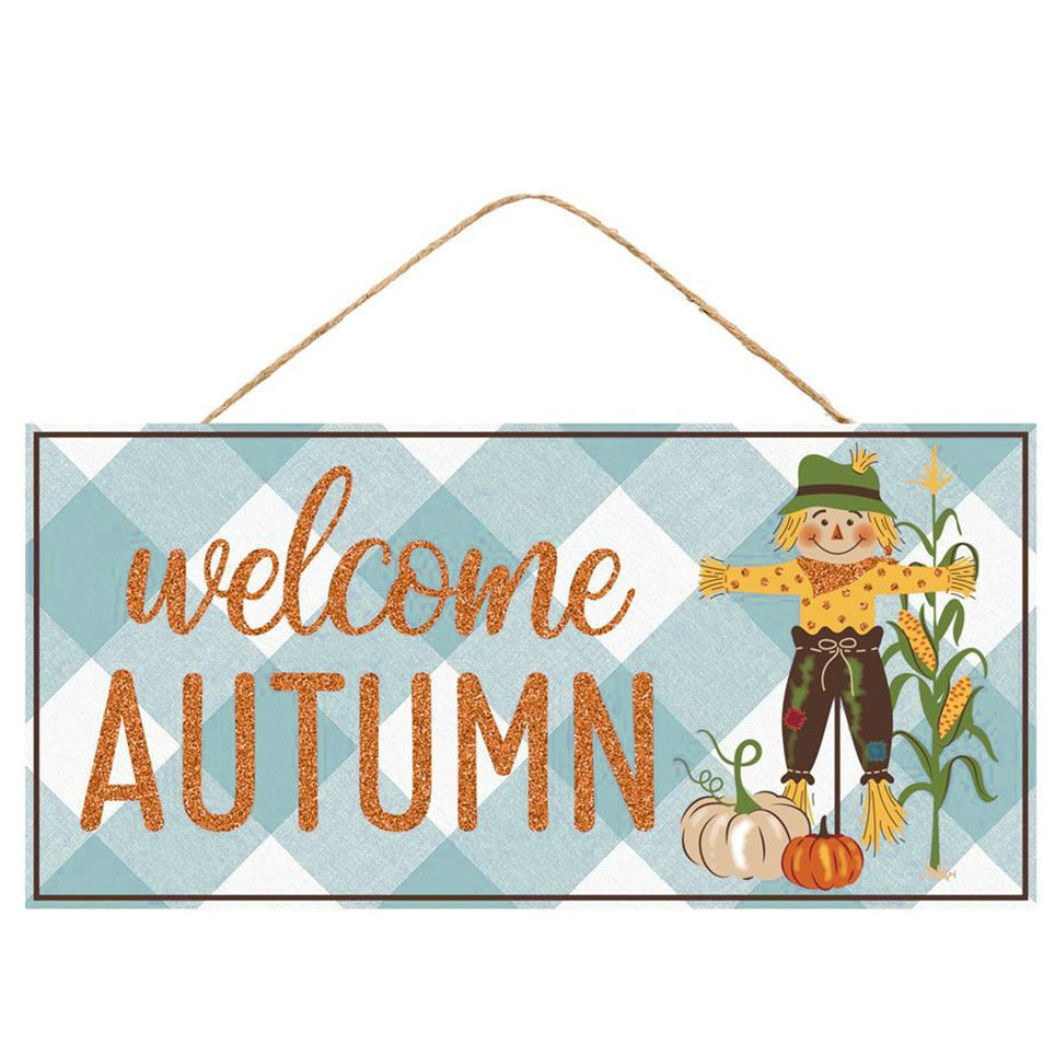 12" Wooden Sign: Autumn Scarecrow Blue Check Item Number: AP8927