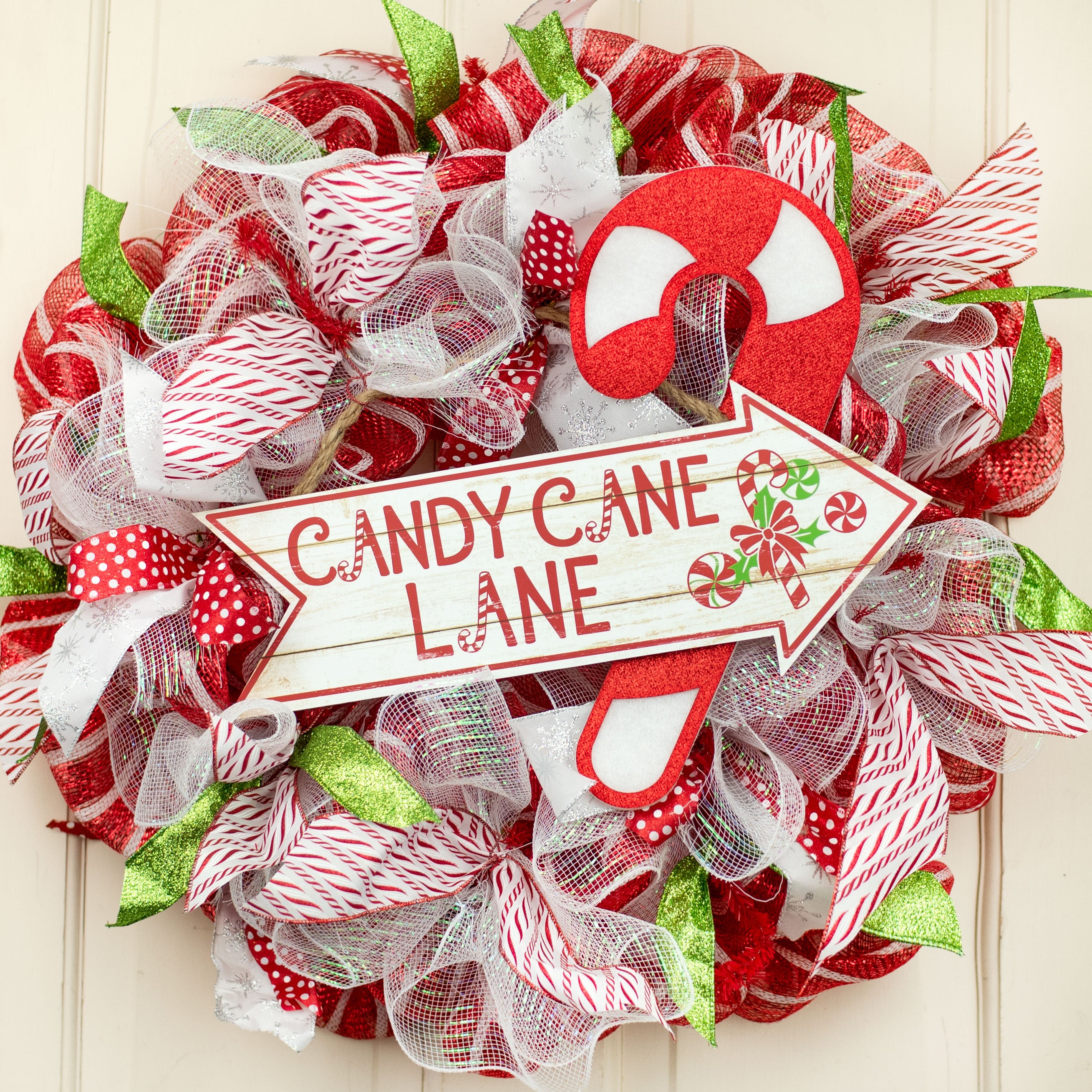 16" Wooden Sign: Candy Cane Lane Arrow Lifestyle Photo