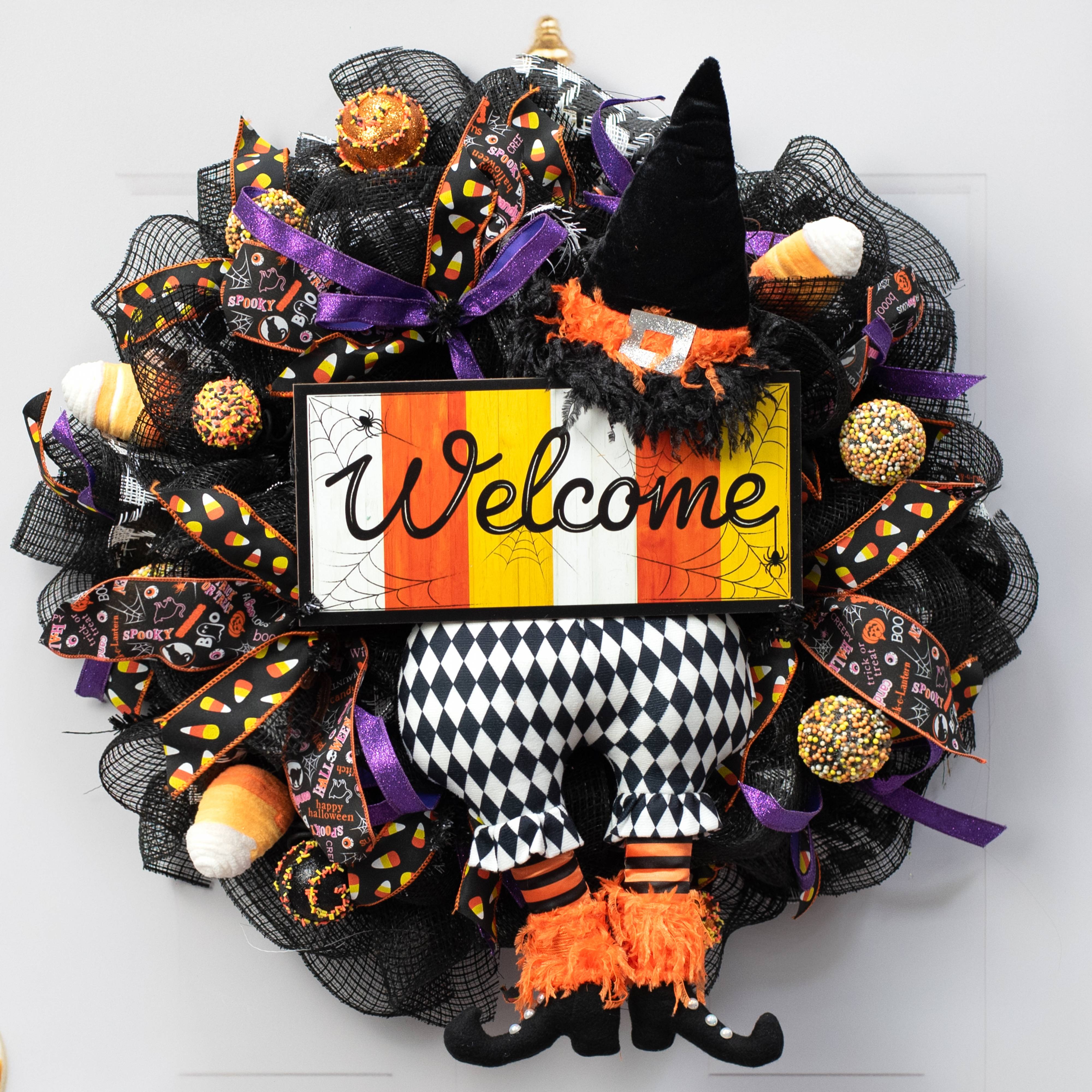 12" Wooden Sign: Candy Corn Spiderweb Welcome Lifestyle Photo