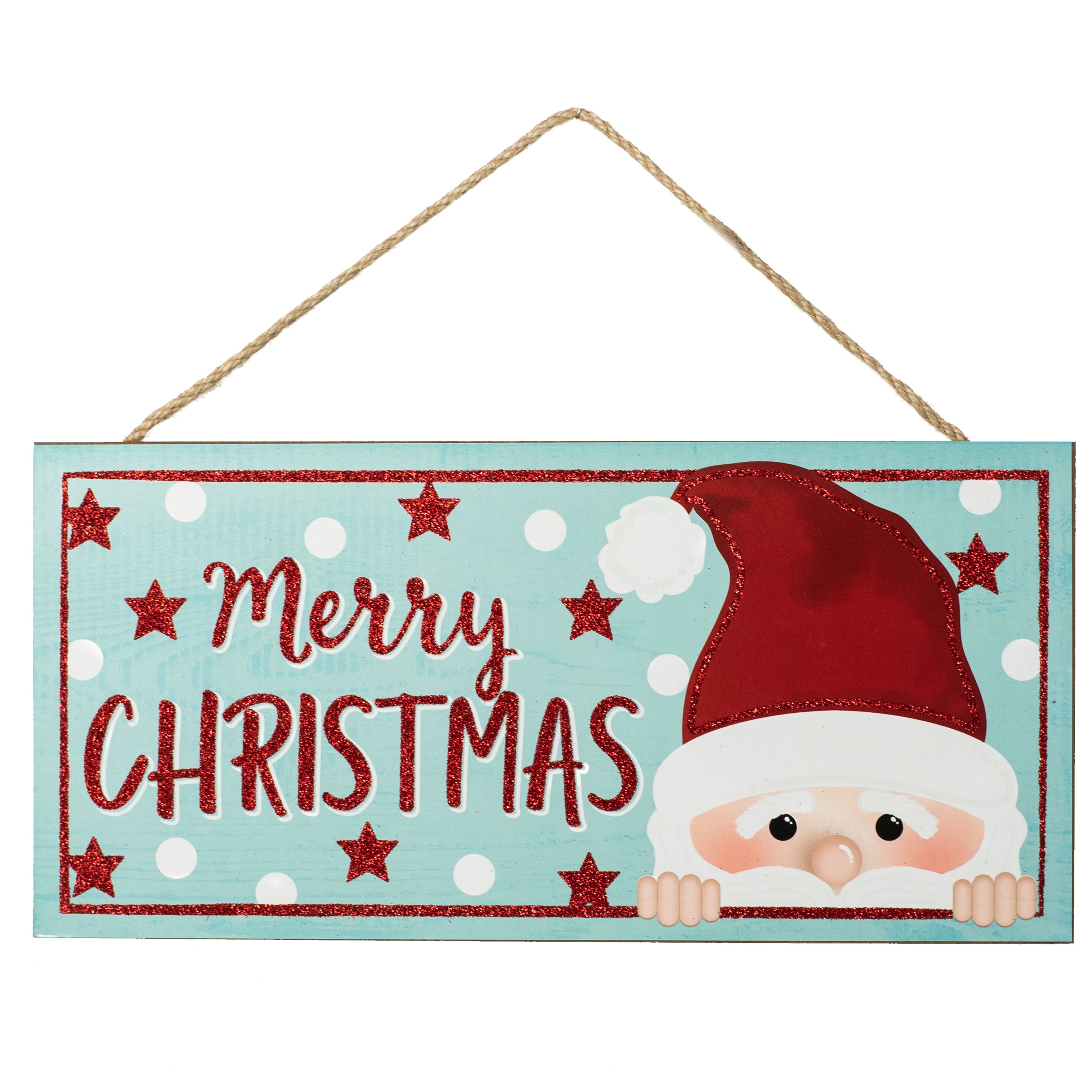12" Wooden Sign: Christmas Glitter Peeking Santa, Ice Blue Item Number: AP884814