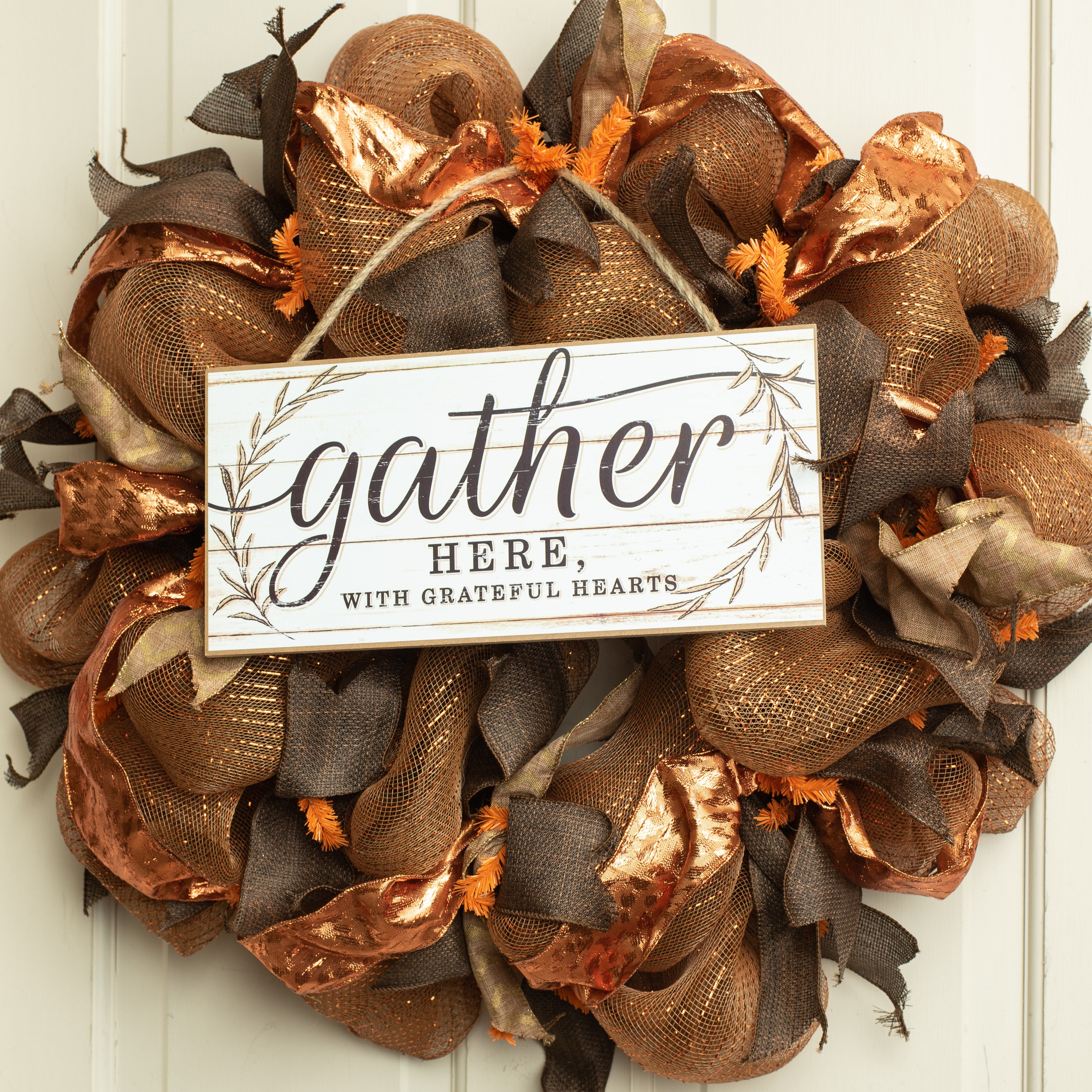 12" Wooden Sign: Gather With Grateful Hearts Lifestyle Photo