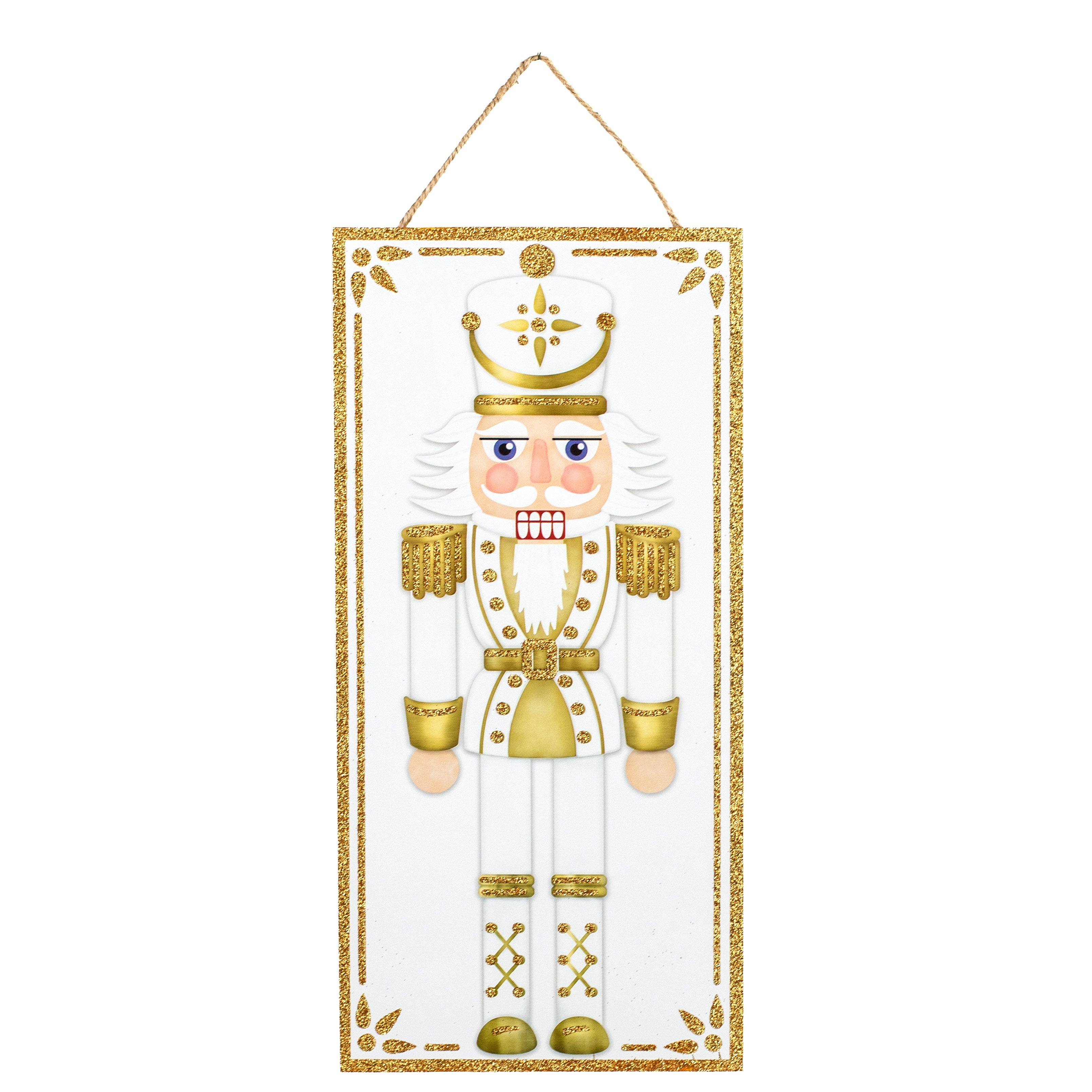 12" Wooden Sign: Glitter Nutcracker White & Gold Item Number: AP7868