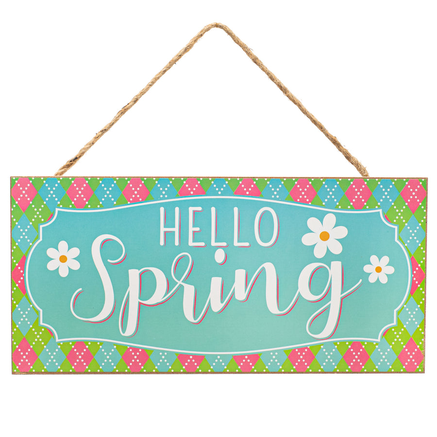 12" Wooden Sign: Hello Spring Argyle Item Number: AP8494