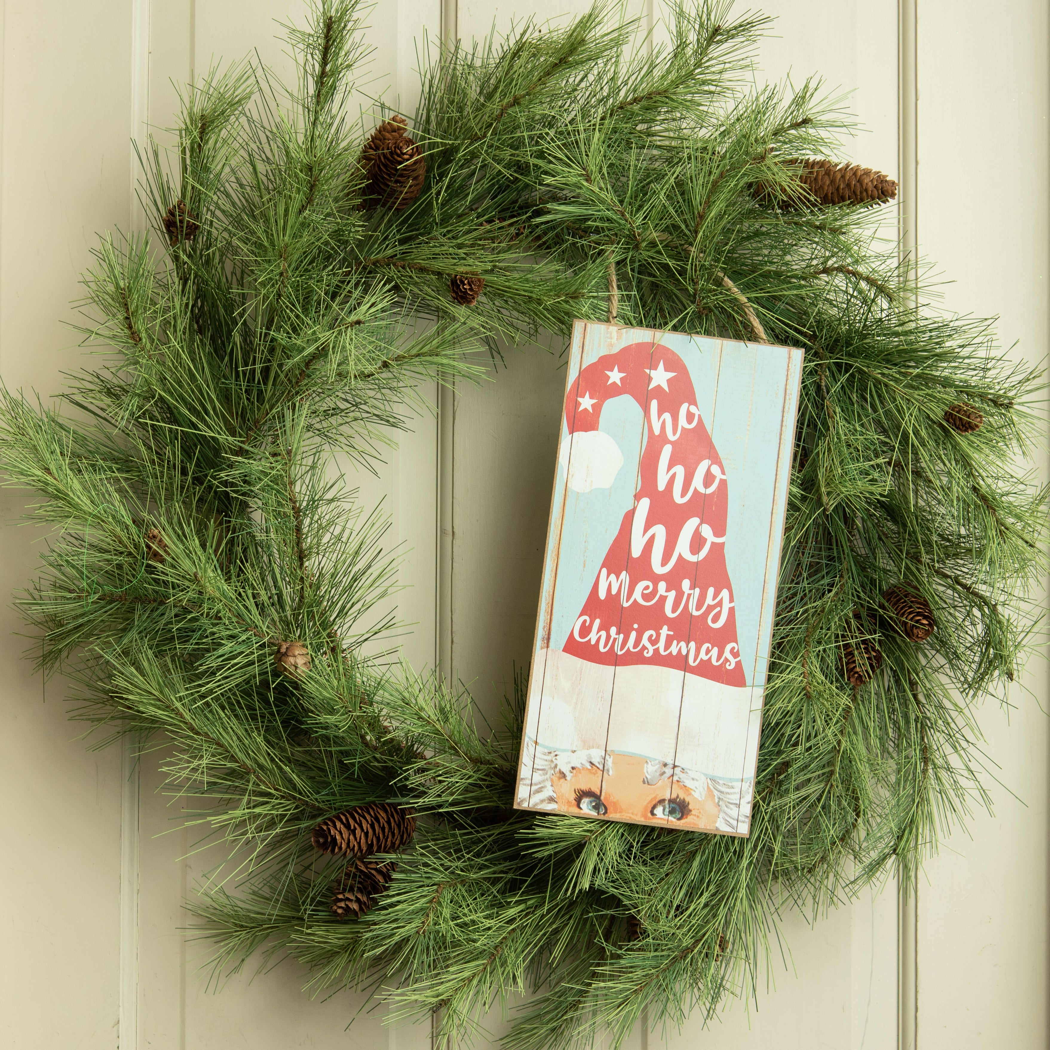 12" Wooden Sign: Ho Ho Ho Santa Hat Lifestyle Photo