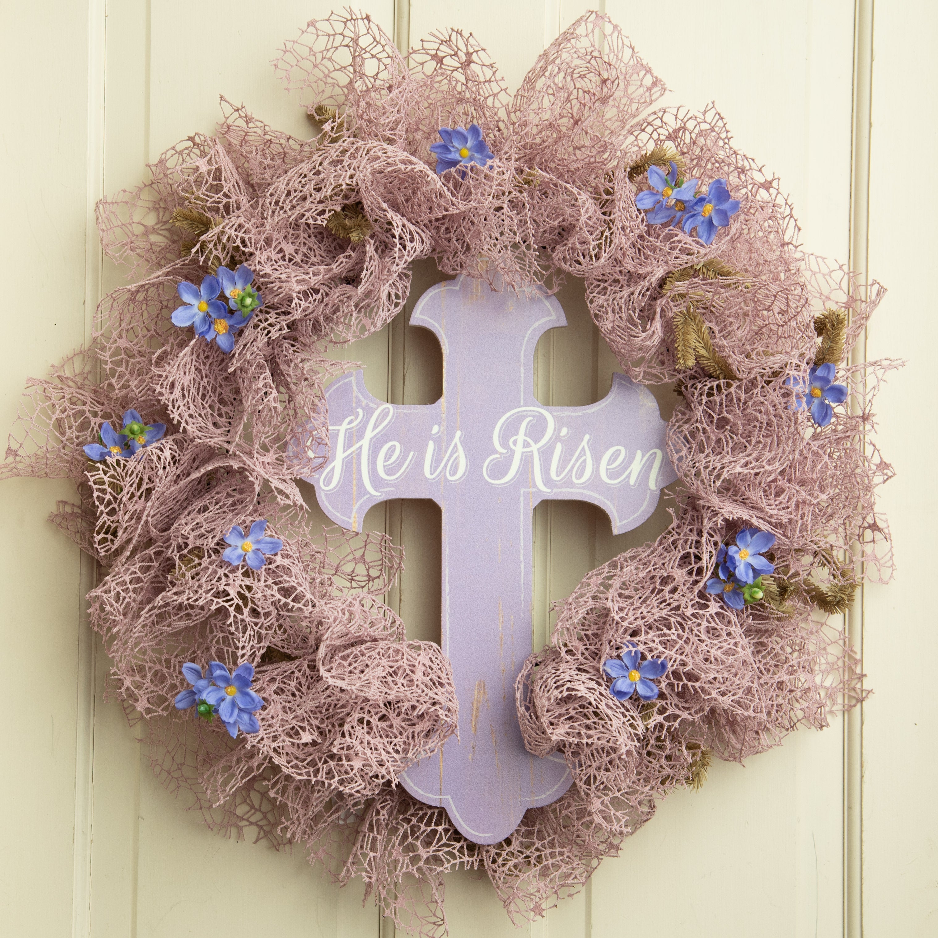 16" Wooden Sign: Lavender He is Risen Cross Lifestyle Photo