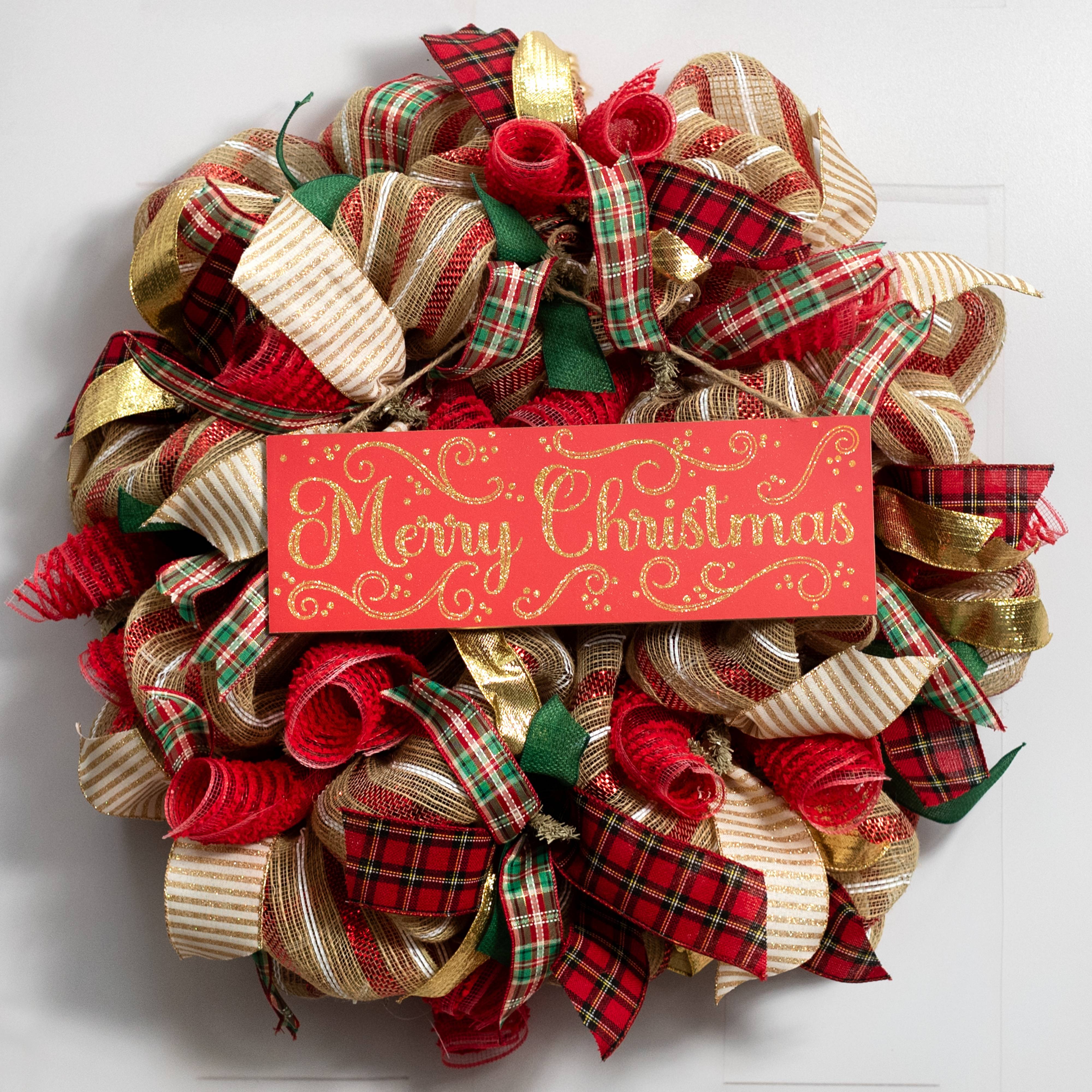 15" Wooden Sign: Merry Christmas Glitter Swirls - Red & Gold Lifestyle Photo
