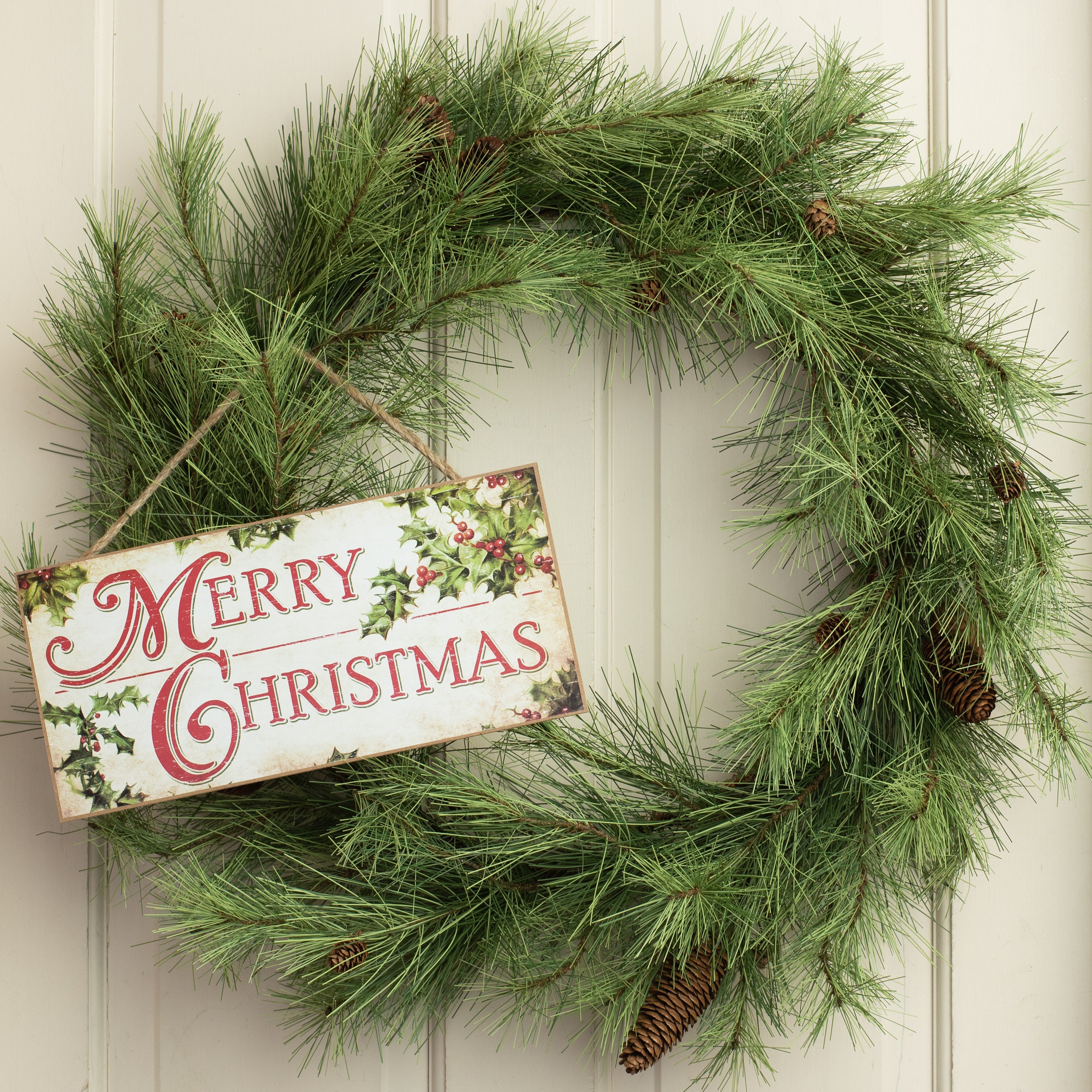 12" Wooden Sign: Merry Christmas with Holly Lifestyle Photo